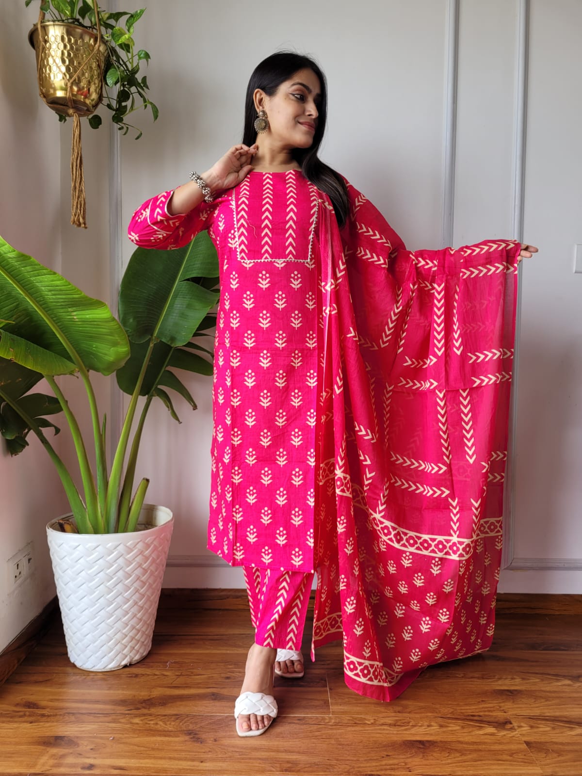 Pink Printed Cotton Suit with Cotton Dupatta