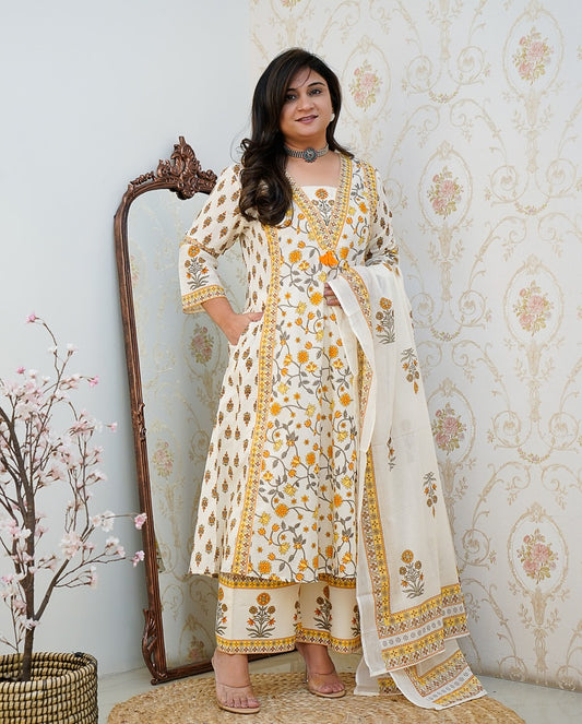 Yellow Floral Printed Cotton Suit Set with Dupatta