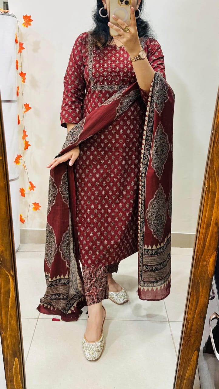 Maroon Printed Cotton Suit Set with Dupatta