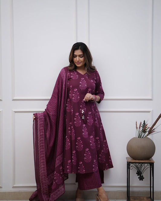Wine / Maroon Cotton Suit with Cotton Dupatta