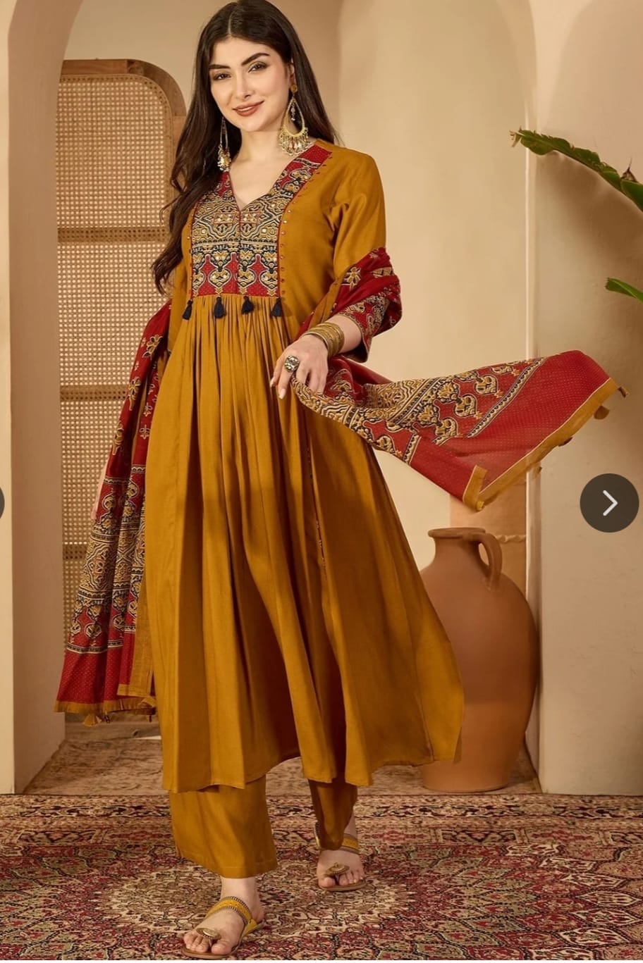Mustard Yellow Anarkali Suit with Printed Dupatta for Women | Festive Ethnic Wear