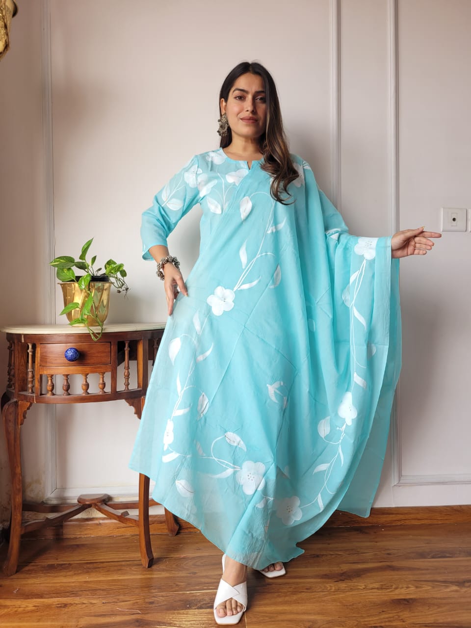Sky Blue Floral Cotton Suit with Cotton Dupatta