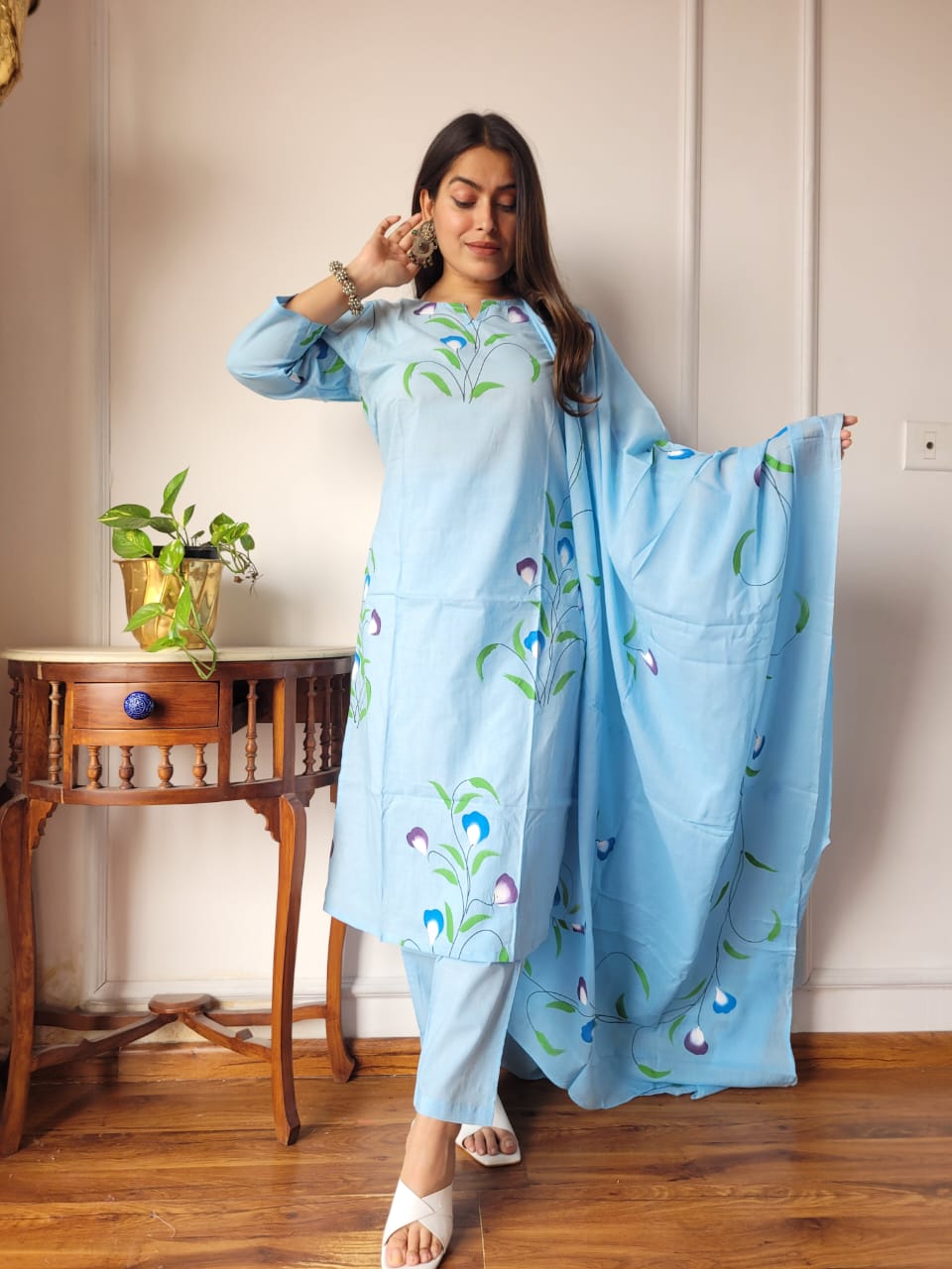 Peach Floral Cotton Suit with Dupatta for Women