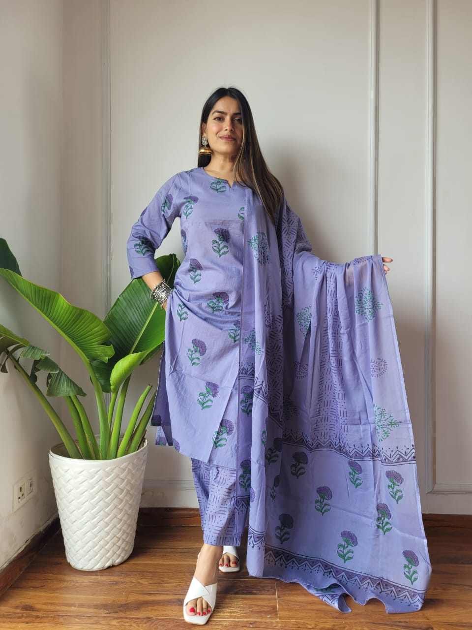 Lavender Cotton Printed Suit with Dupatta for Women