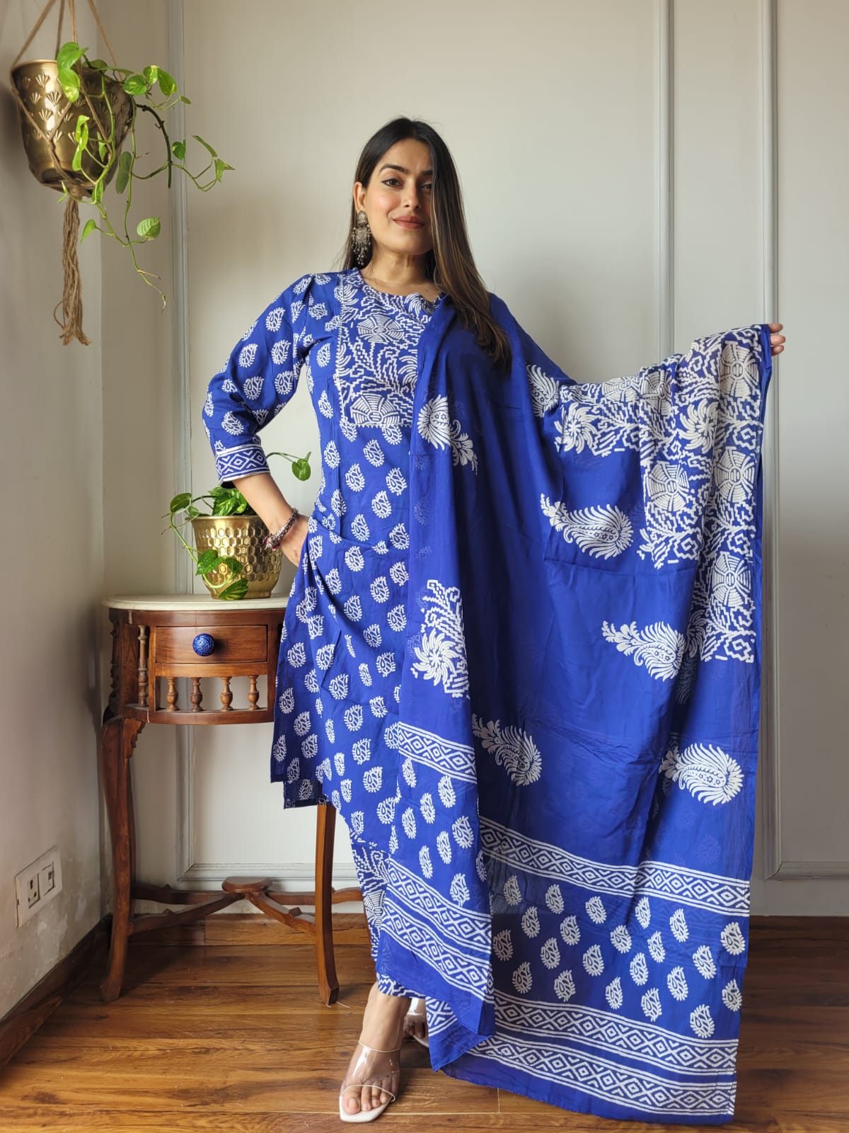 Royal Blue Cotton Suit Set with Printed Dupatta for Women