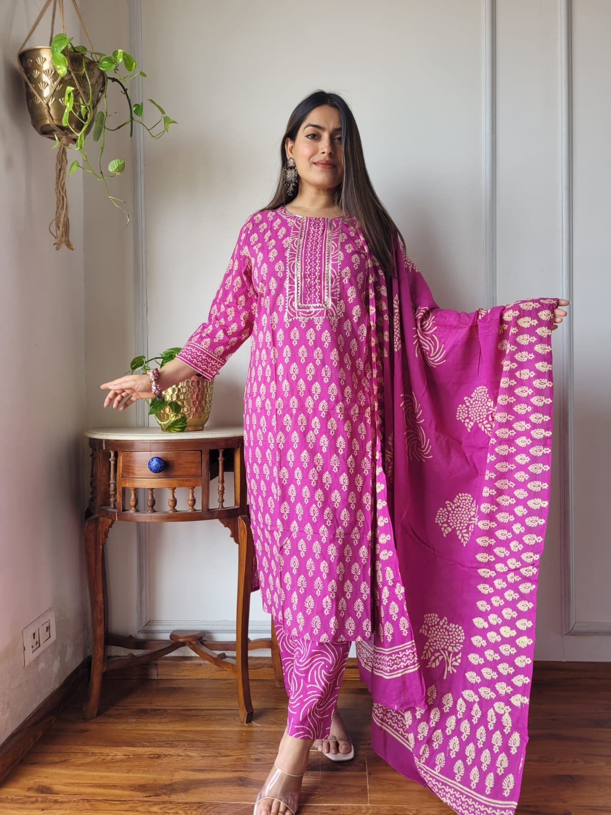 Magenta Printed Cotton Suit Set with Dupatta
