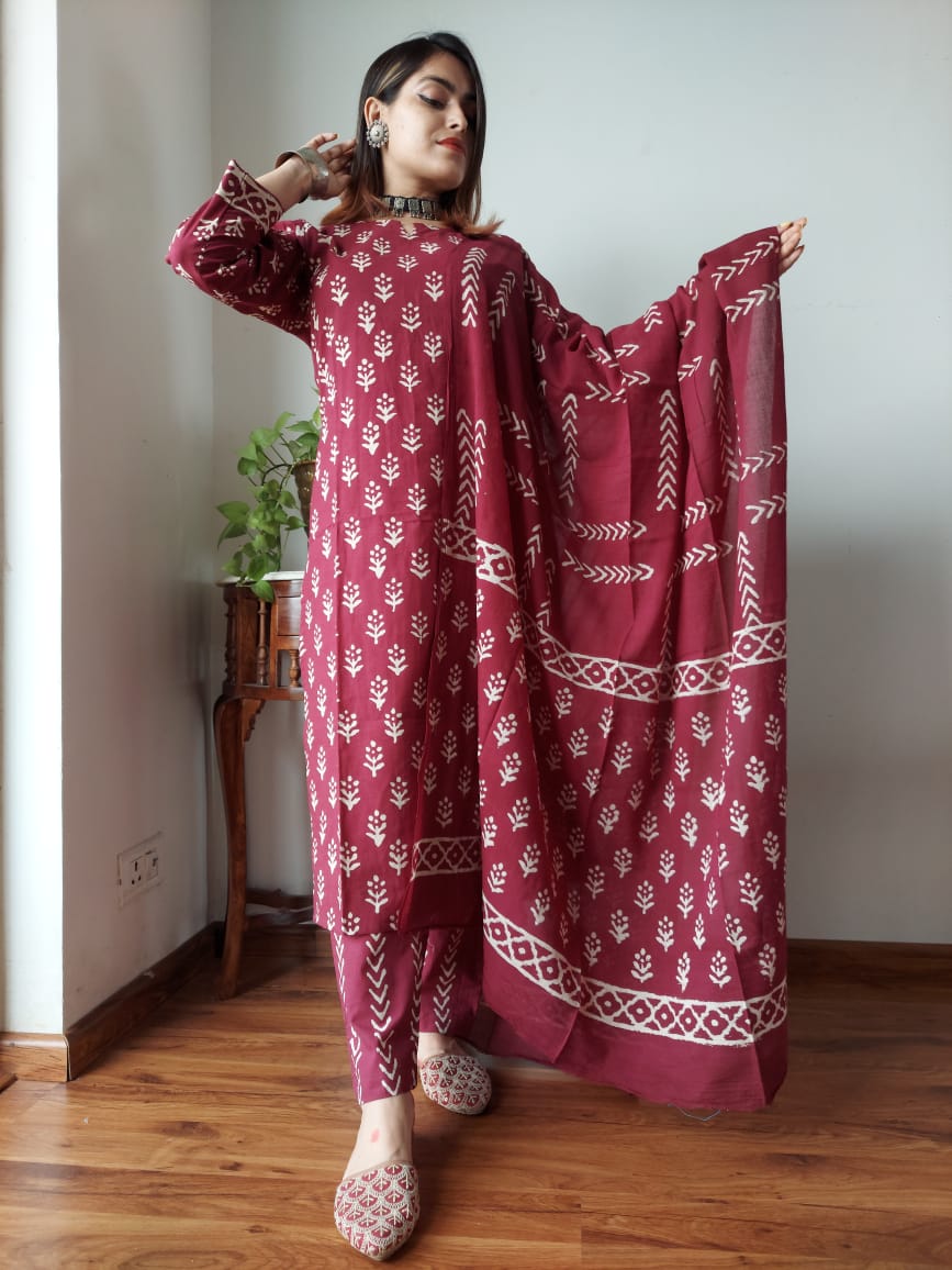 Maroon Printed Cotton Suit with Dupatta for Women