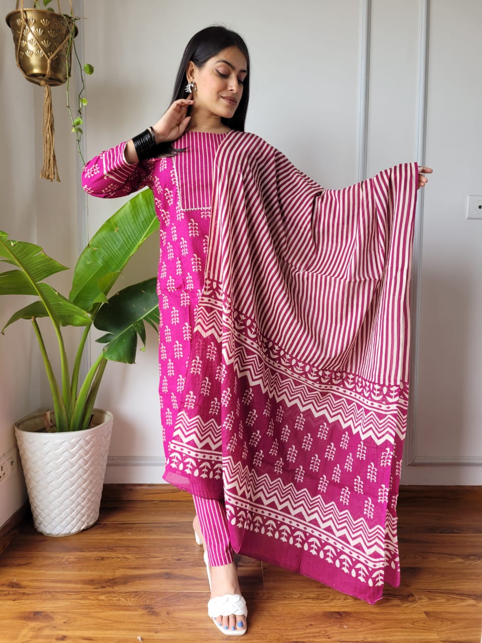Pink Striped Cotton Suit with Cotton Dupatta