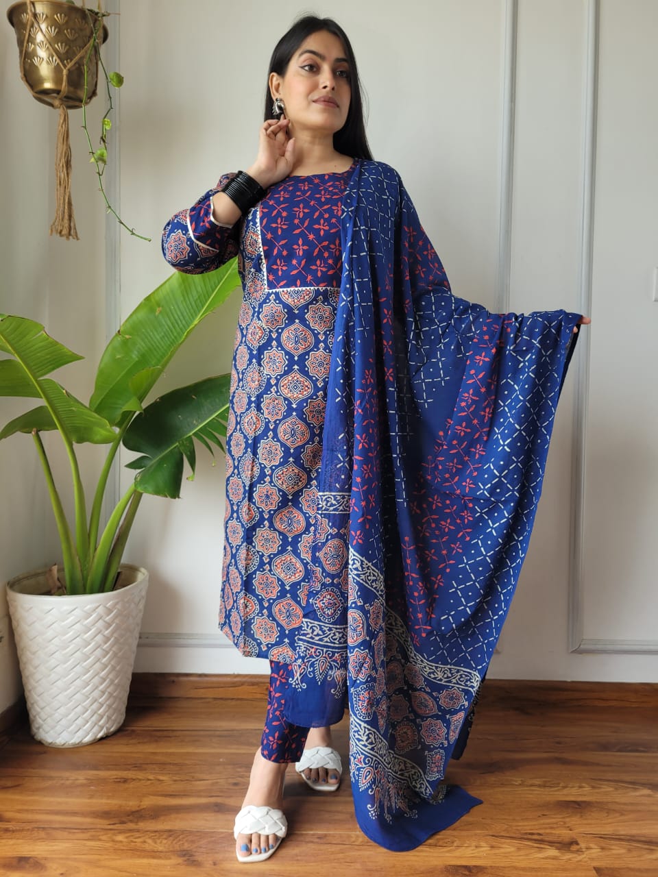Navy Blue Printed Cotton Suit with Cotton Dupatta for Women