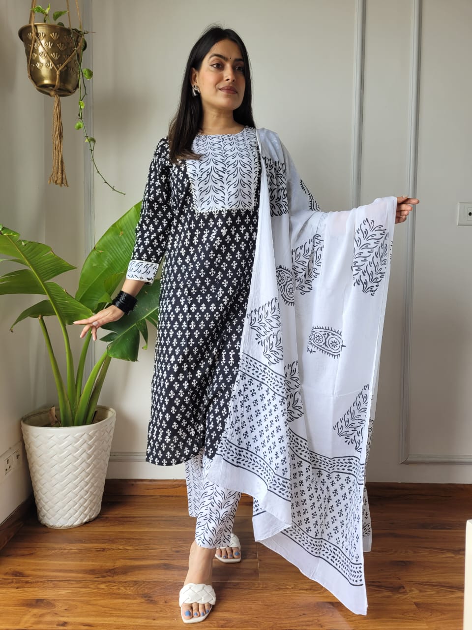 Black White Printed Cotton Suit with Cotton Dupatta