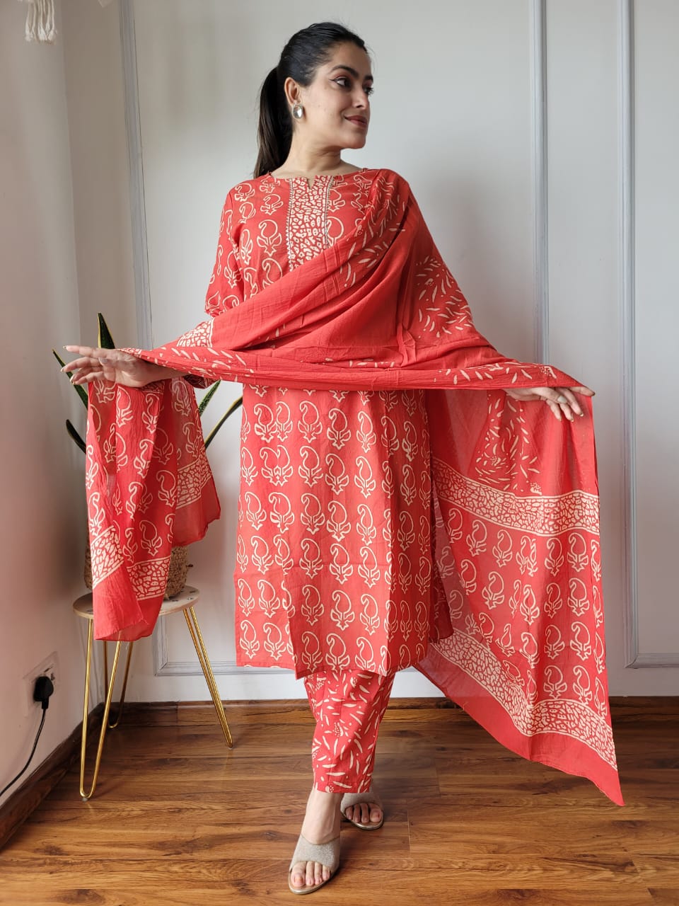 Rust Orange Printed Cotton Suit with Cotton Dupatta for Women