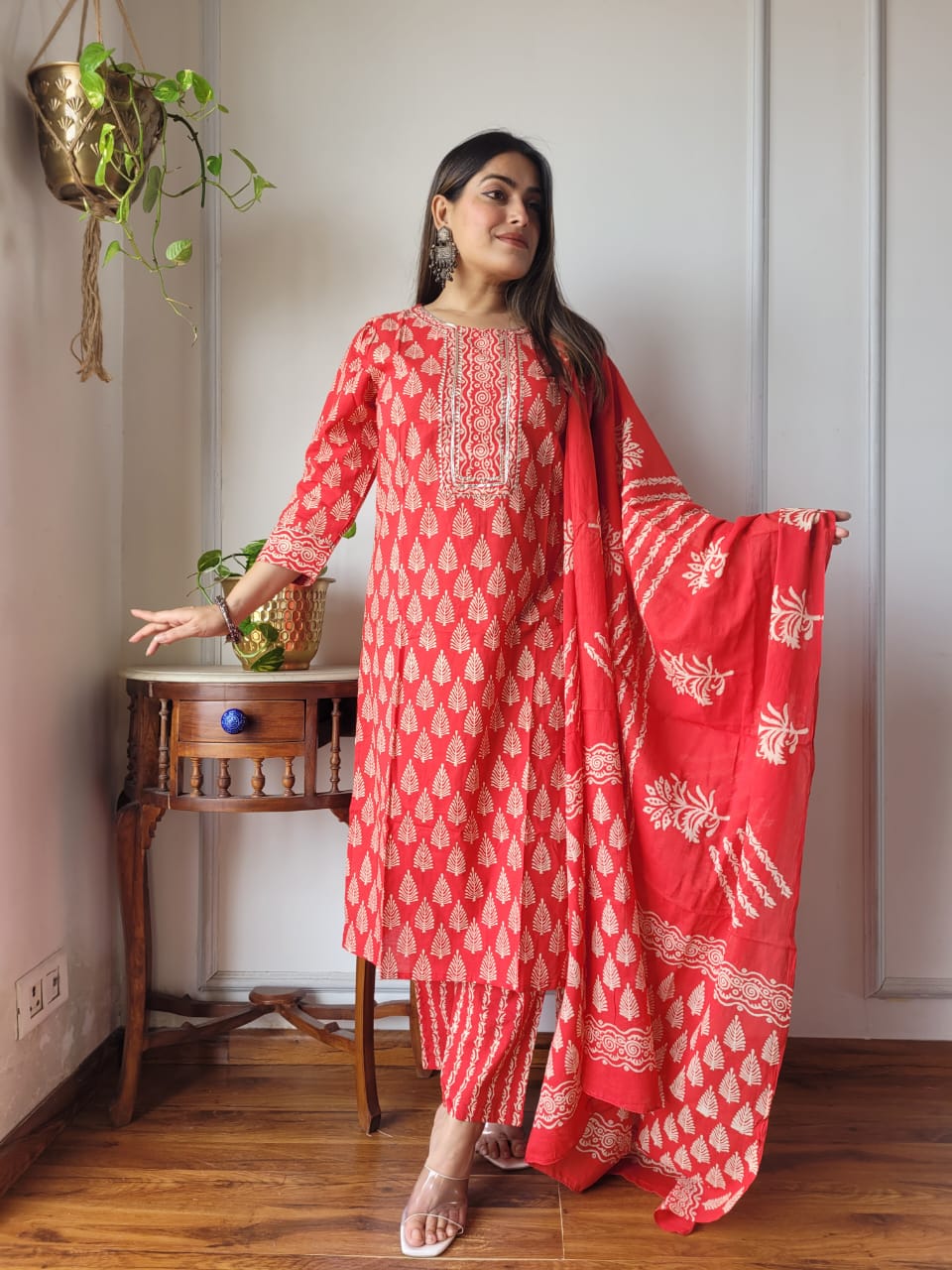 Red Traditional Cotton Suit with Cotton Dupatta