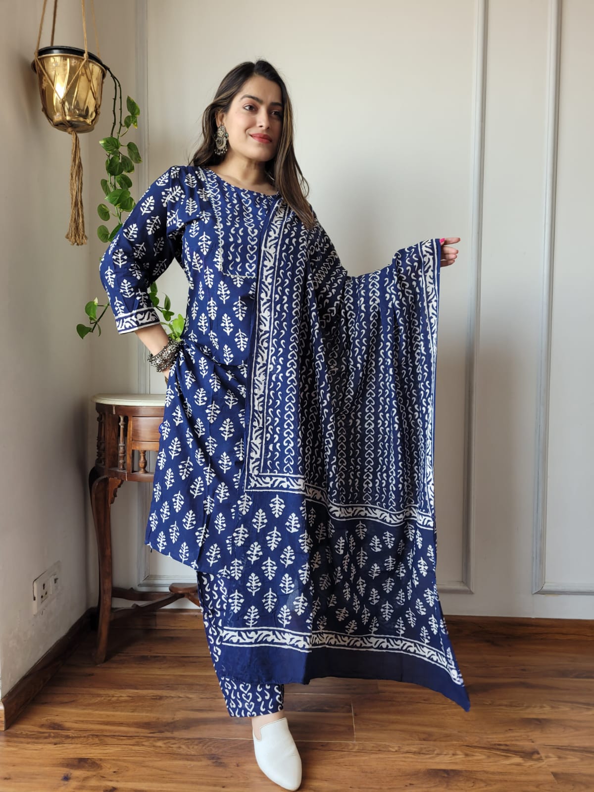 Navy Blue Printed Cotton Suit with Cotton Dupatta for Women