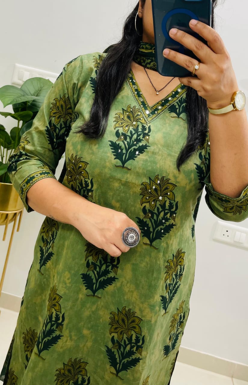Green Printed Cotton Kurta Pant Set with Dupatta for Women