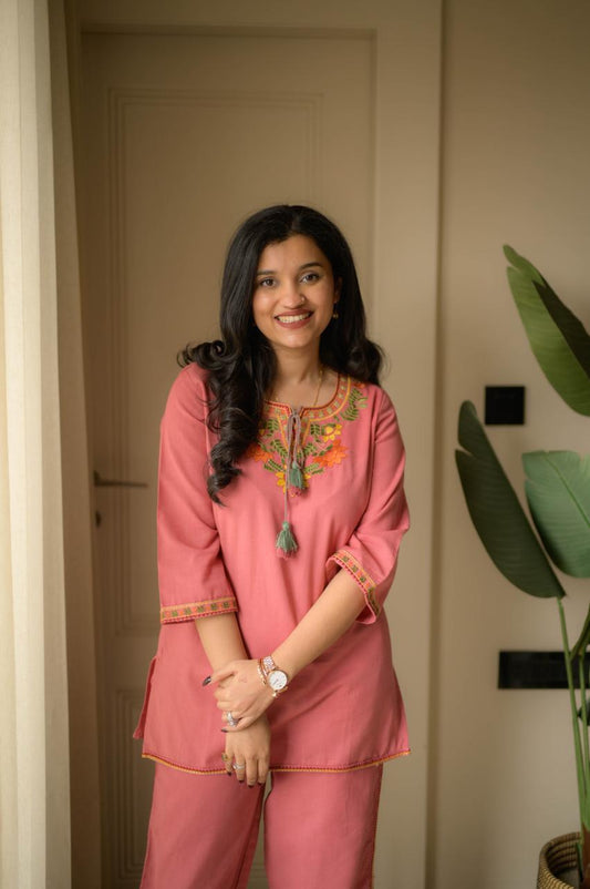 Pink Embroidered Kurta Pant Set for Women – Elegant Ethnic Co-ord Set