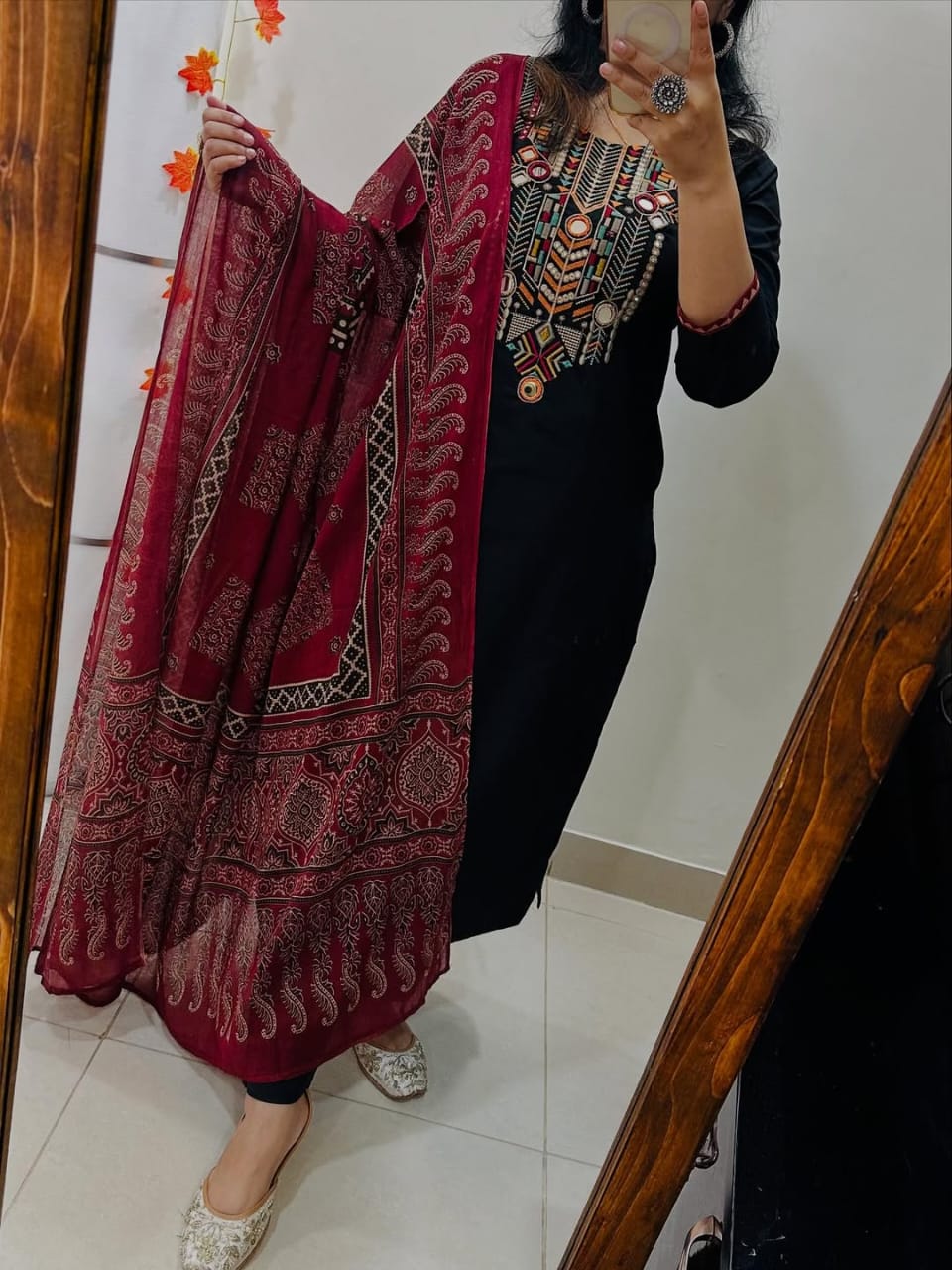 Stylish Black Cotton Kurta Pant Set with Maroon Ajrakh Dupatta