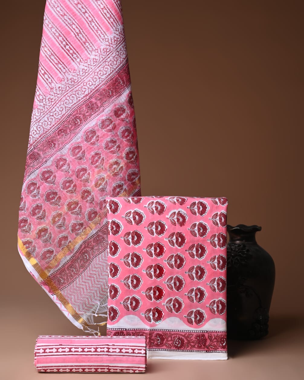dark rose pink hand block cotton suit with kota doriya dupatta