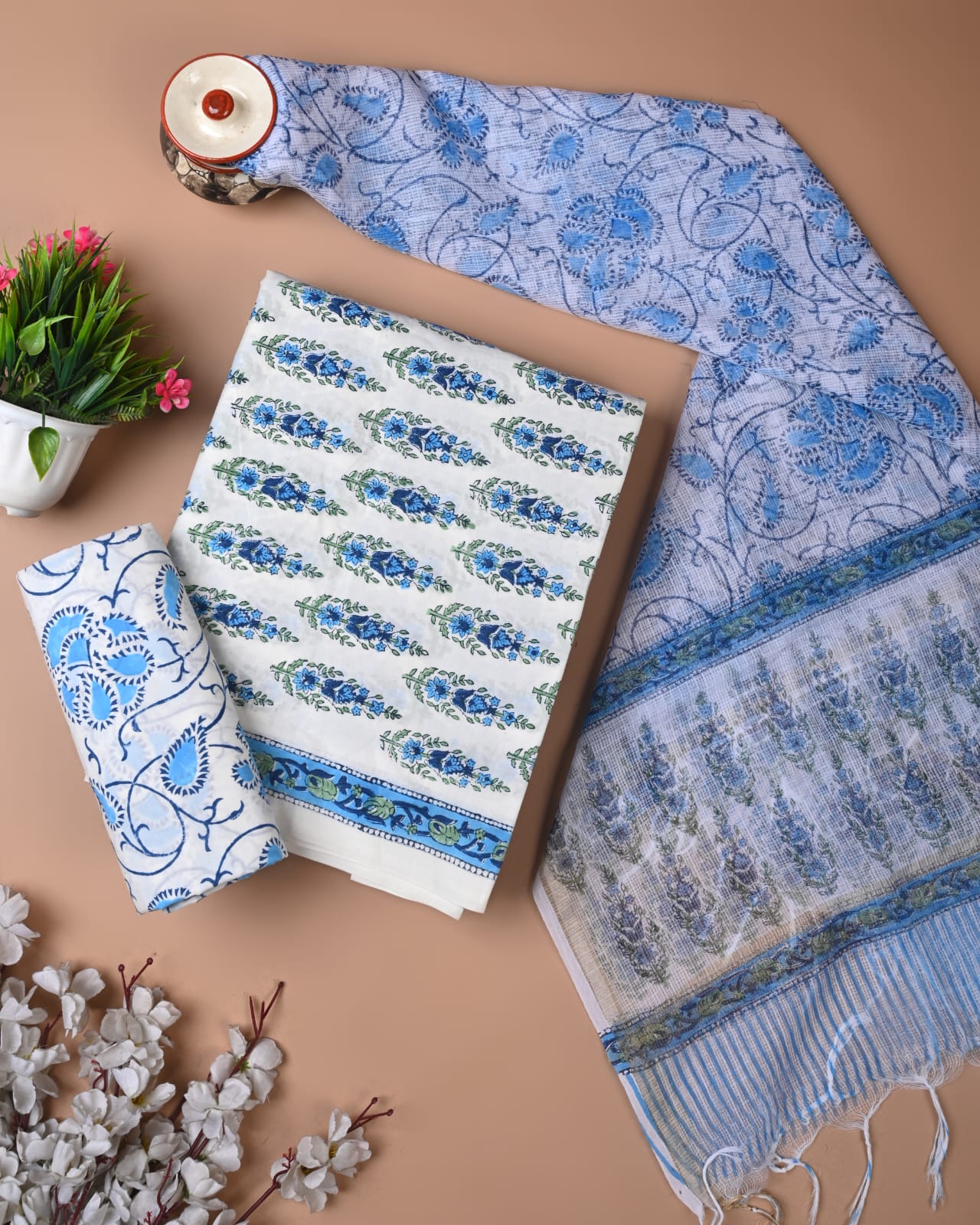 light blue floral cotton suit with kota doriya dupatta
