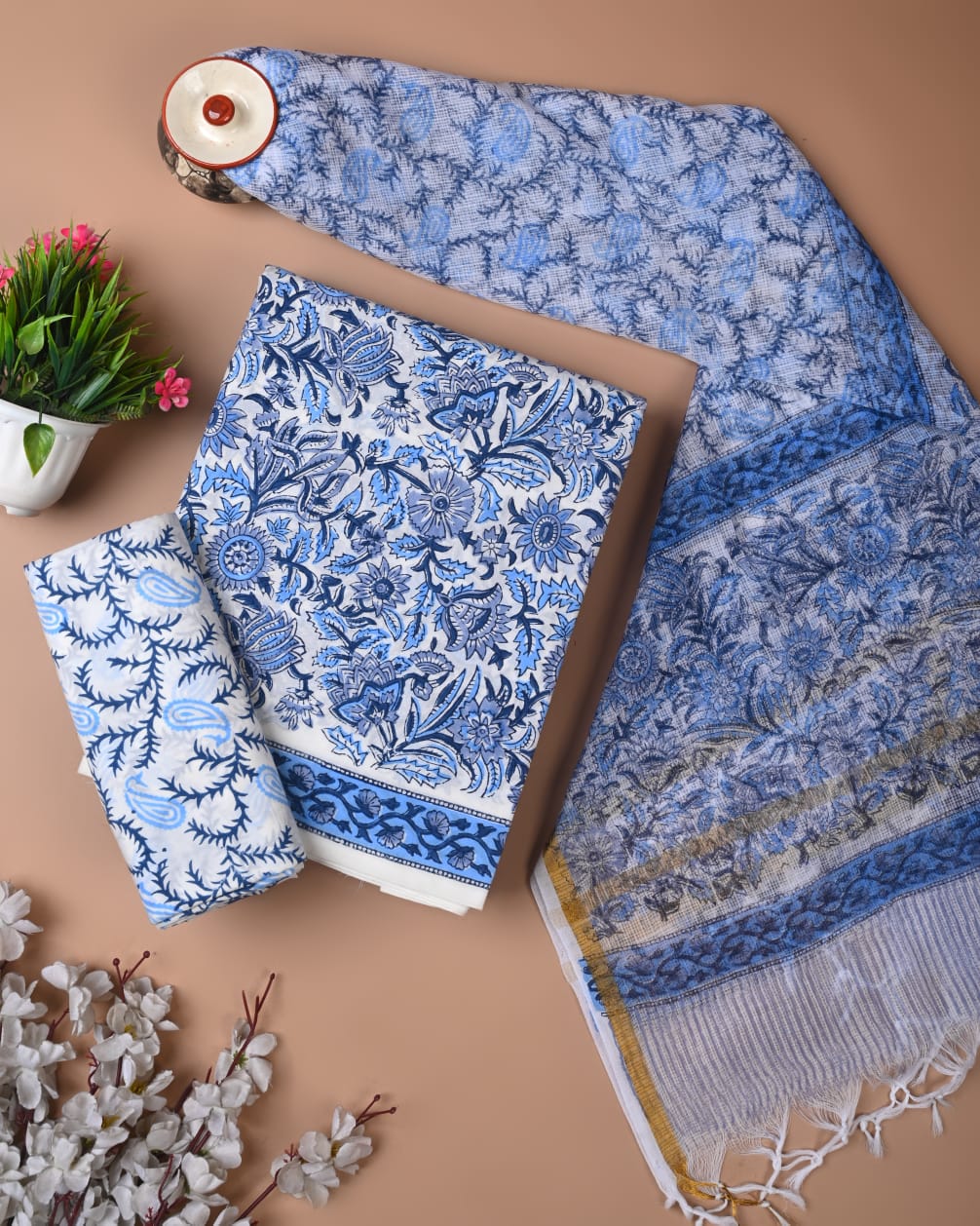 royal blue hand block cotton suit with kota doriya dupatta