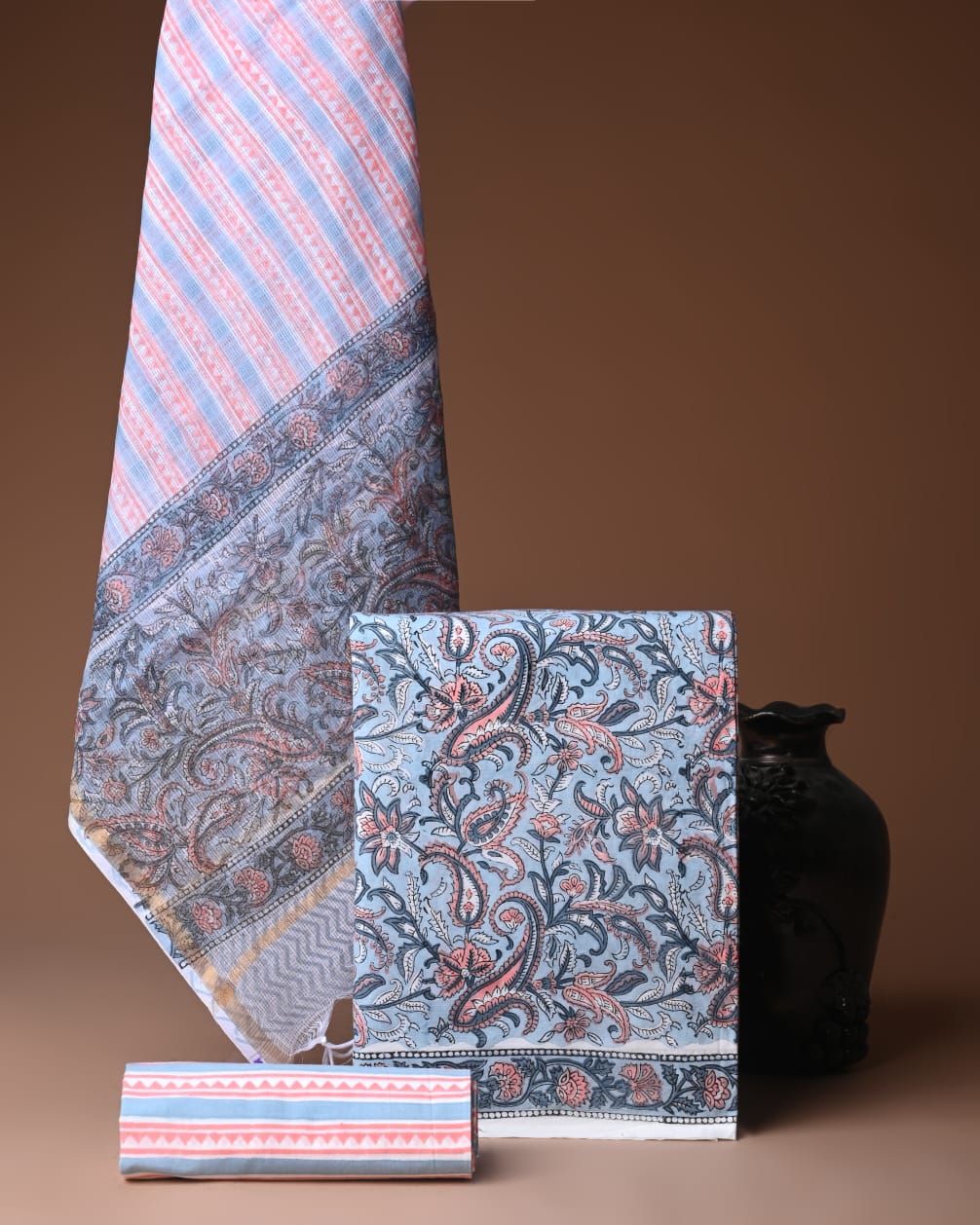 aqua green printed cotton suit with kota doriya dupatta