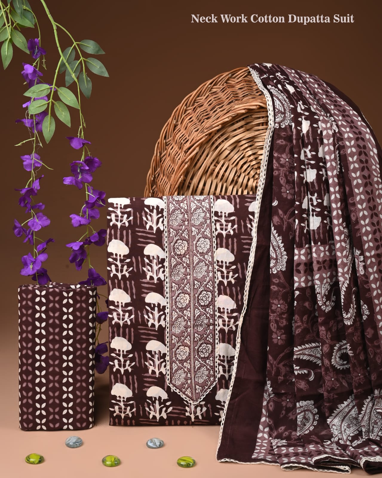 Chocolate Brown Printed Cotton Neck Work Dupatta Suit Set (MVCOT105)
