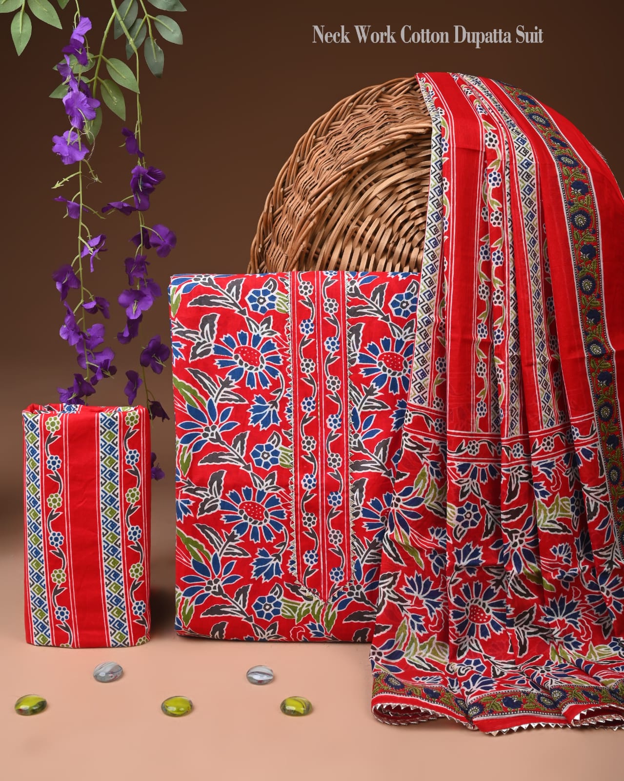 Bright Red Floral Cotton Dupatta Suit Set for Women (MVCOT107)