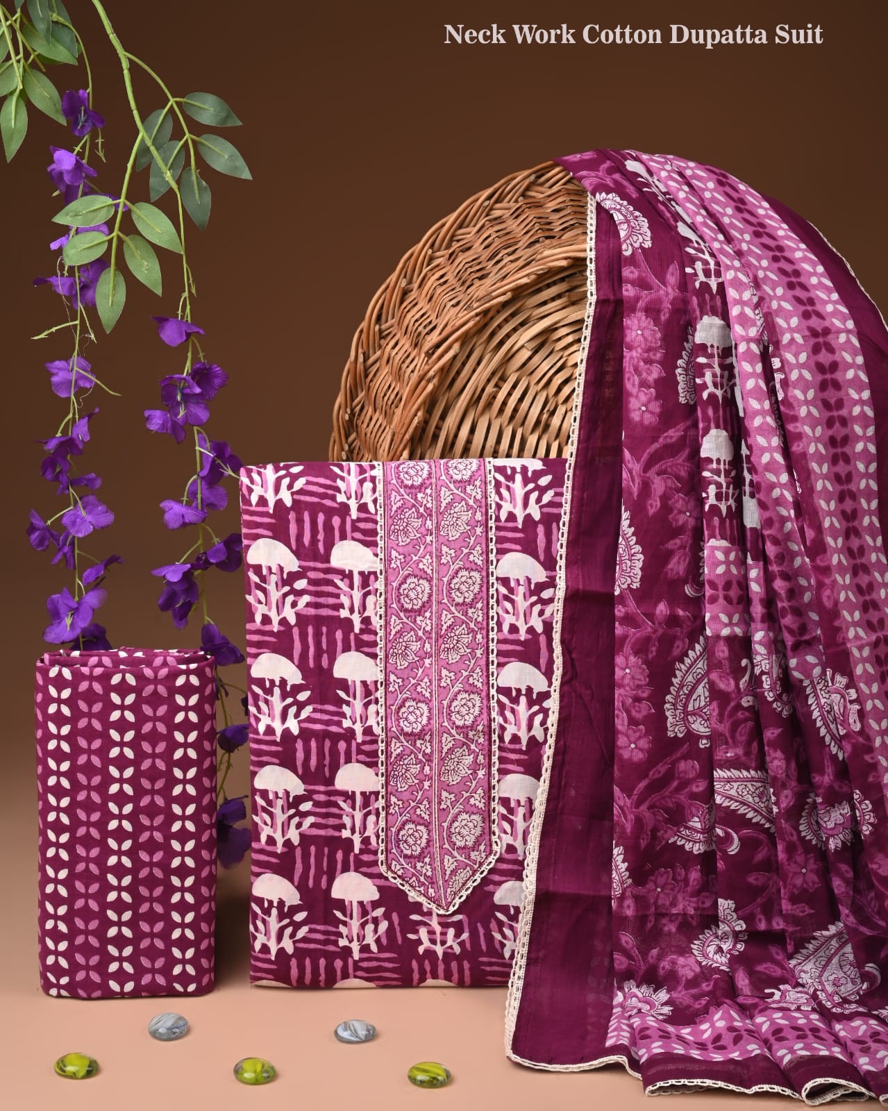Wine Purple Cotton Neck Work Dupatta Suit Set (MVCOT108)