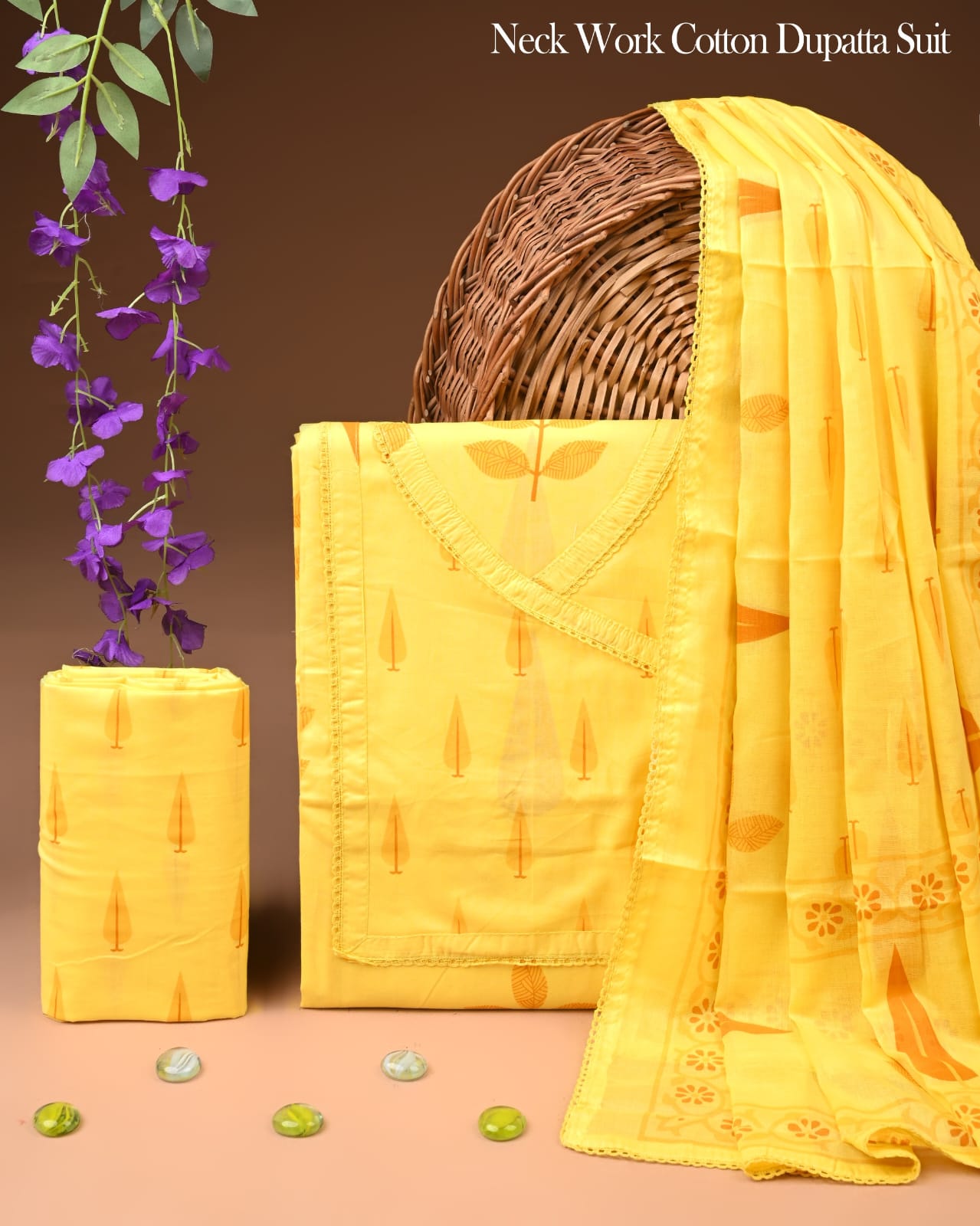Yellow Cotton Dupatta Suit Set for Women | Lightweight Summer Wear (MVCOT121)
