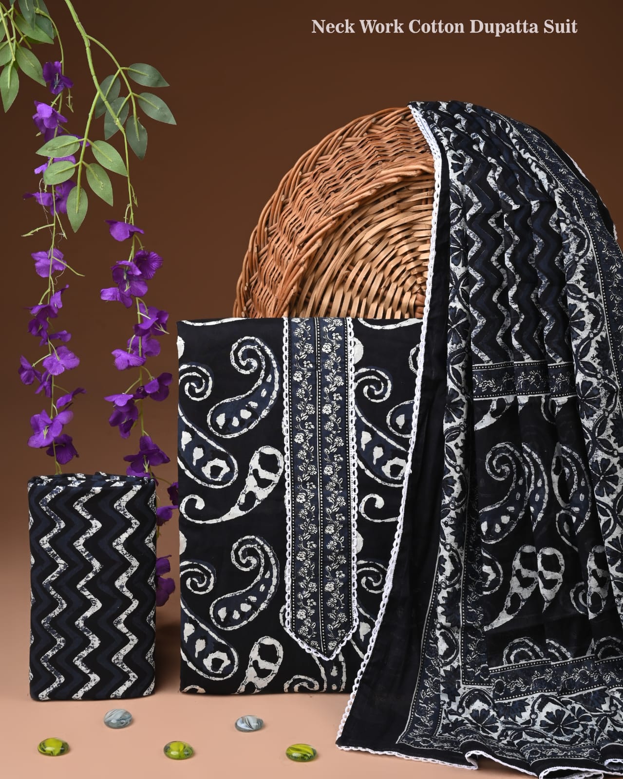 Black White Cotton Dupatta Suit Set for Women | Ethnic Printed Neck Work Design (MVCOT135)