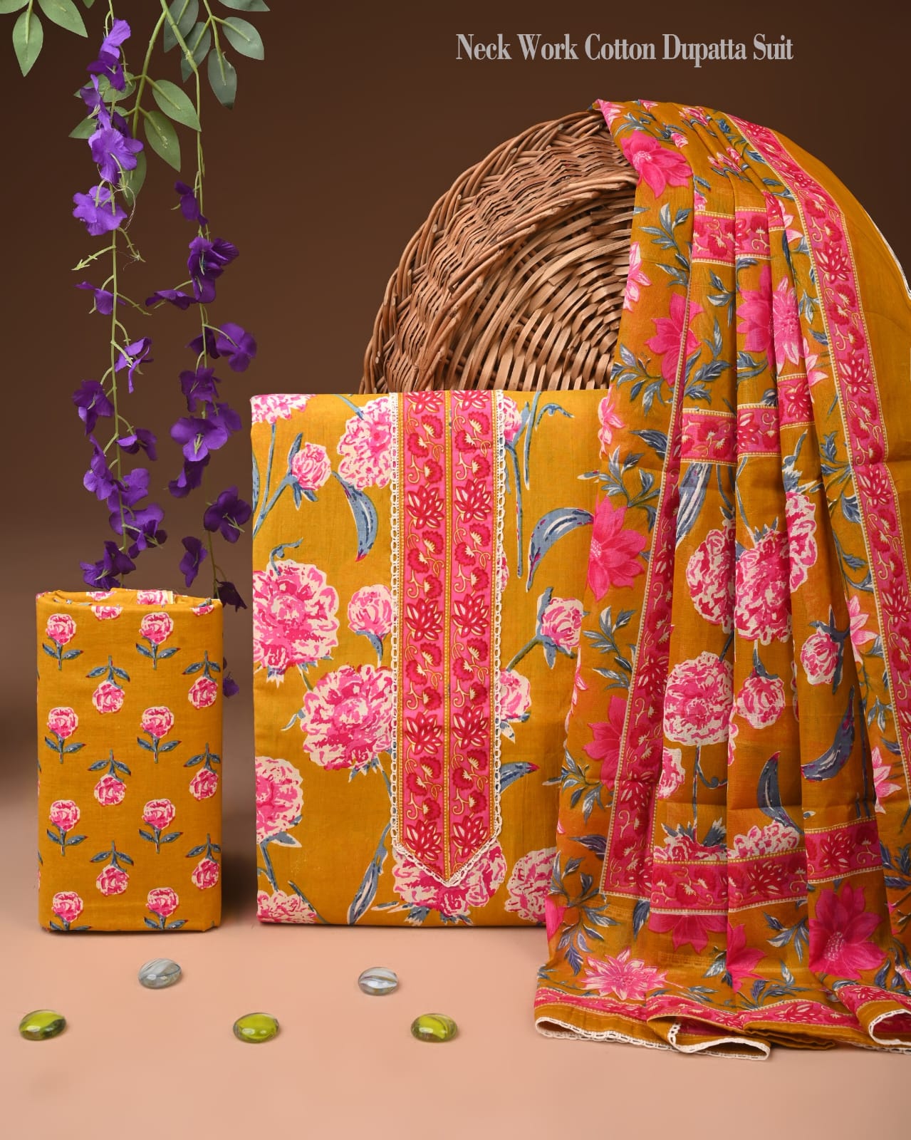 Mustard Floral Cotton Dupatta Suit Set for Women | Neck Work Printed Design (MVCOT145)