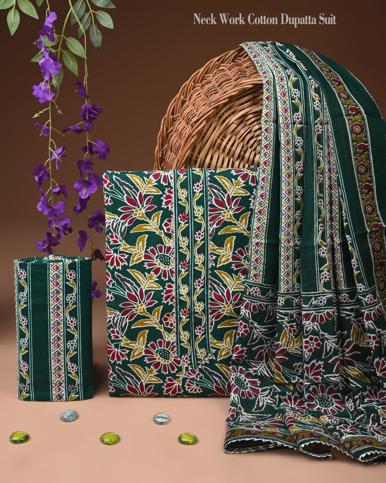 Green Floral Neck Work Cotton Dupatta Suit Set for Women | Printed Design (MVCOT148)