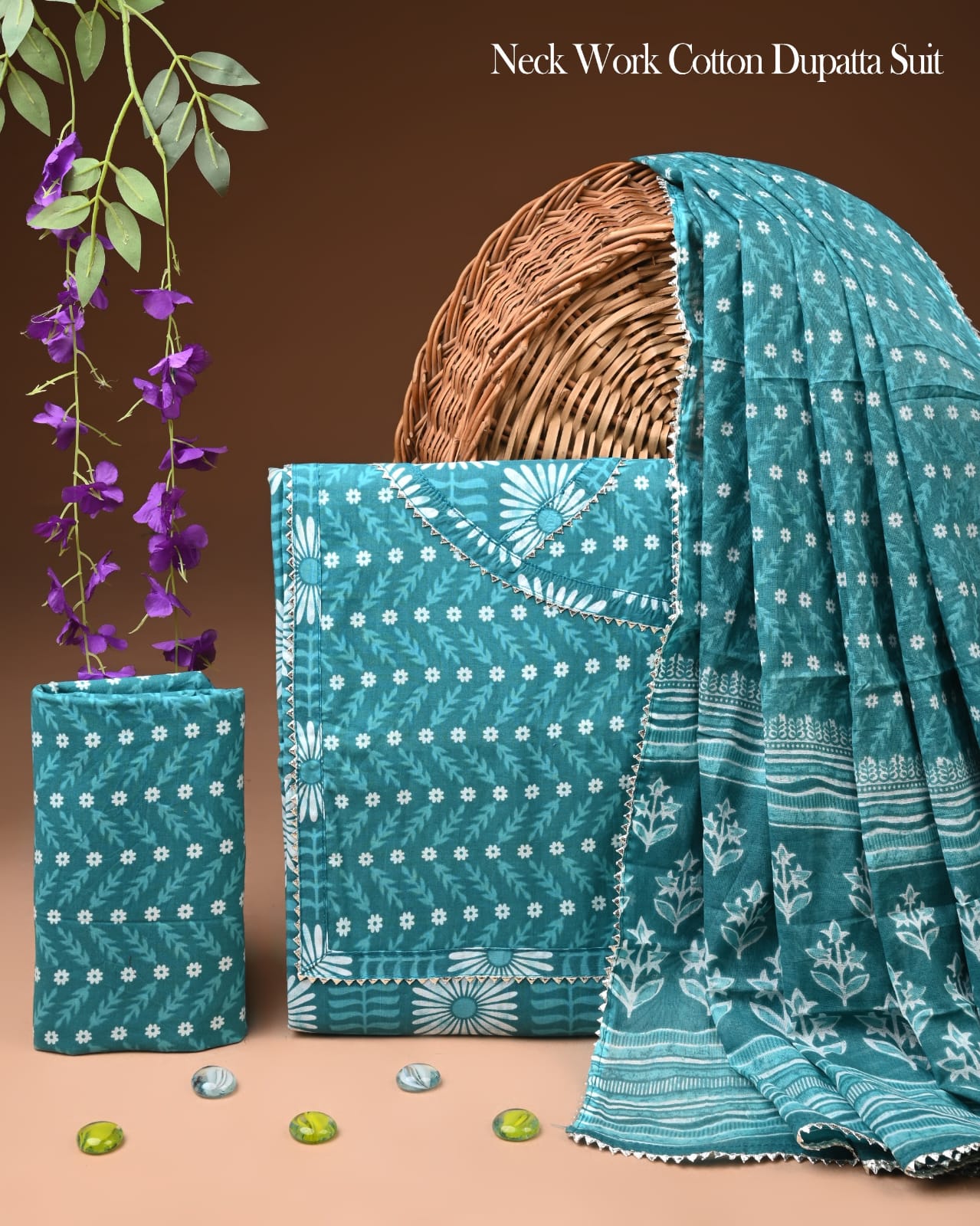 Teal Floral Neck Work Cotton Dupatta Suit Set for Women | Printed Design (MVCOT153)