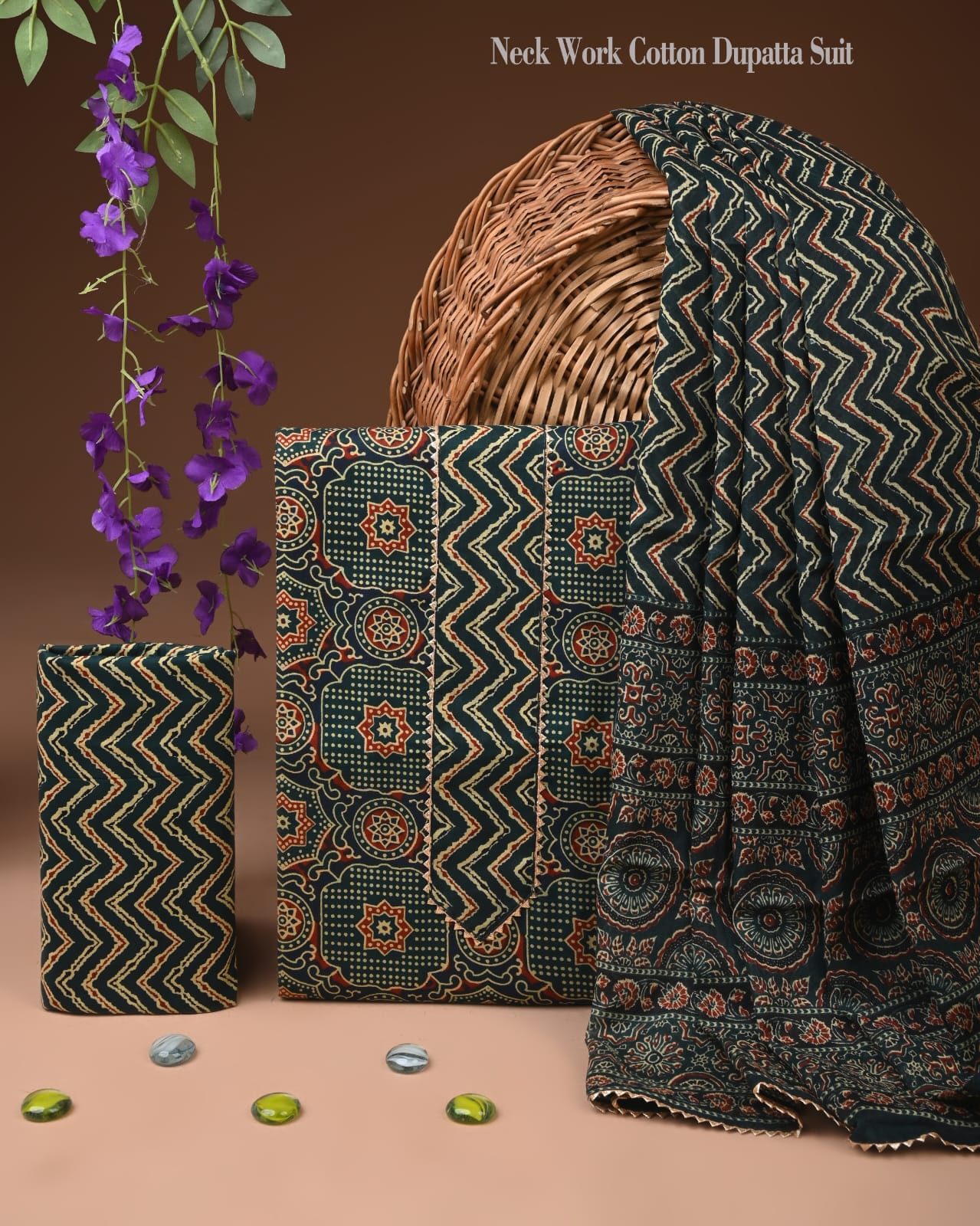 Dark Green Ajrakh Print Cotton Dupatta Suit Set for Women | Traditional Wear (MVCOT155)