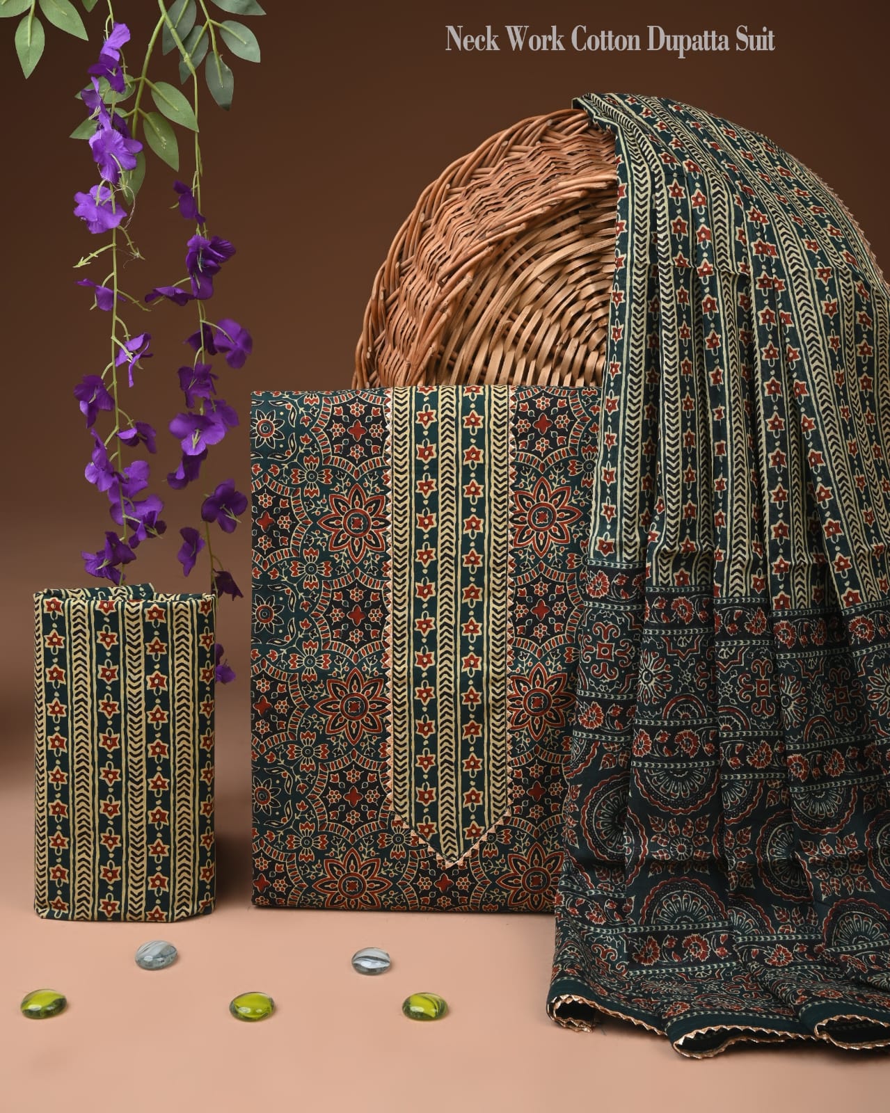 Dark Green Ajrakh Floral Cotton Dupatta Suit Set for Women | Neck Work Design (MVCOT158)