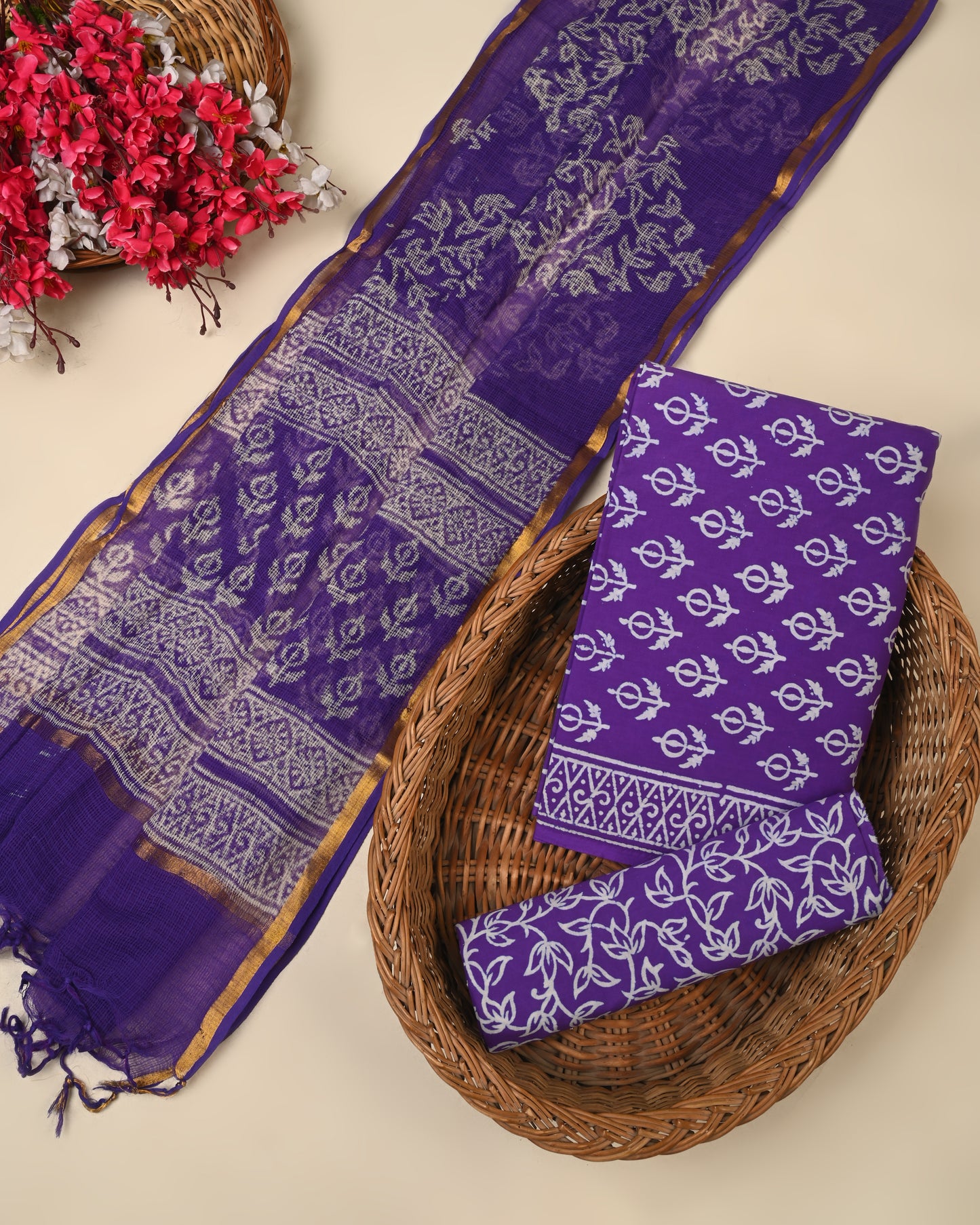 Purple Cotton Suit with Kota Doriya Dupatta | Royal Ethnic Dress Material
