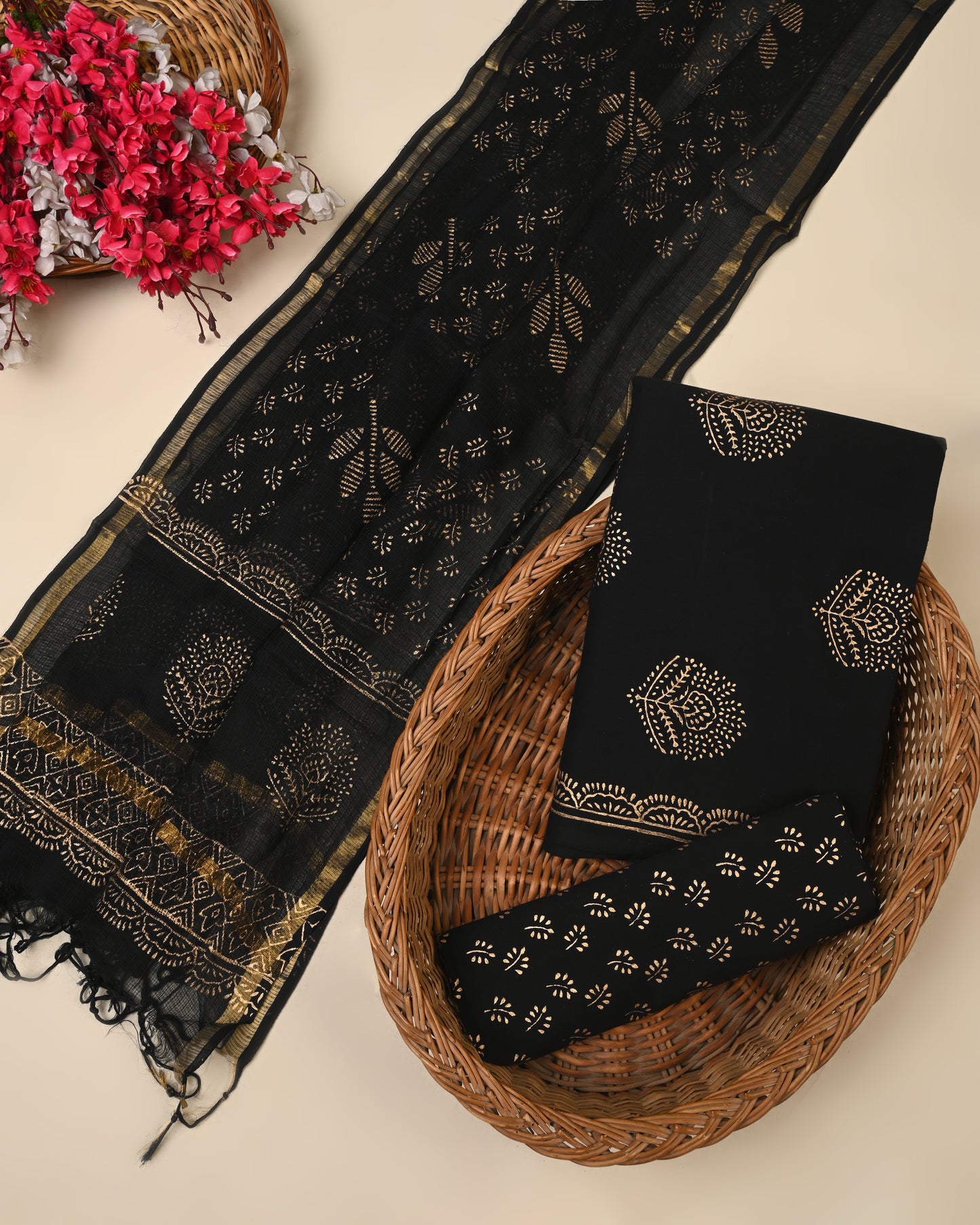 black hand block cotton suit with kota doriya dupatta unstitched