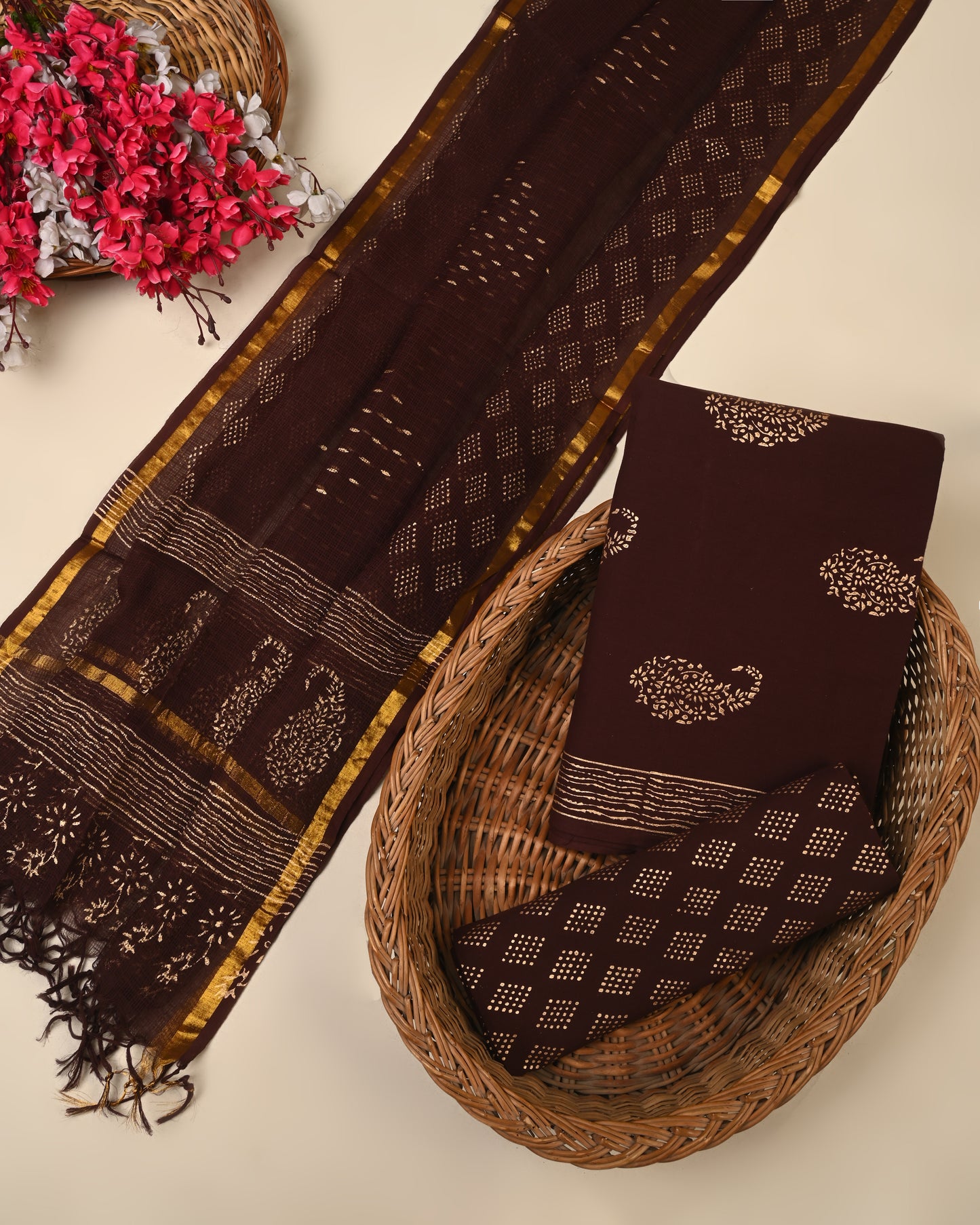 brown hand block cotton suit with kota doriya dupatta unstitched