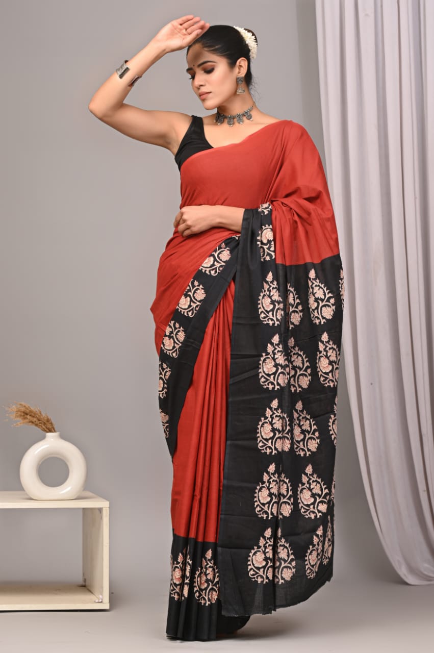 Red Black Designer Cotton Saree – Soft Cotton Saree for Women (MVCS18)