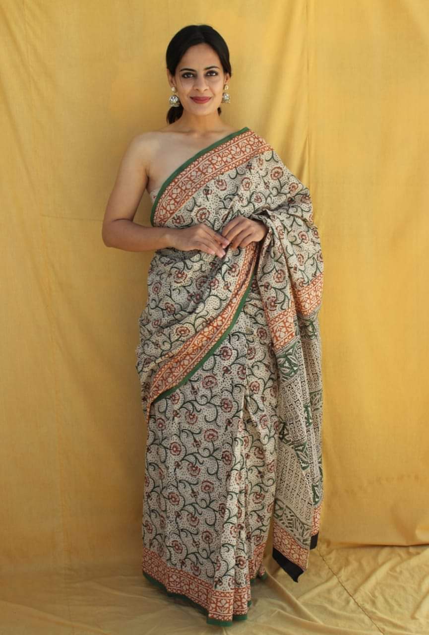 Green Floral Printed Cotton Saree – Soft Cotton Saree for Women (MVCS24)