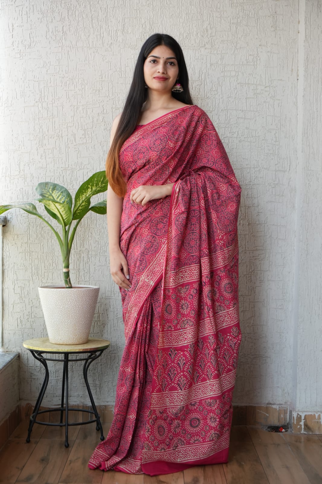 Pink Traditional Print Cotton Saree (MVCS03)