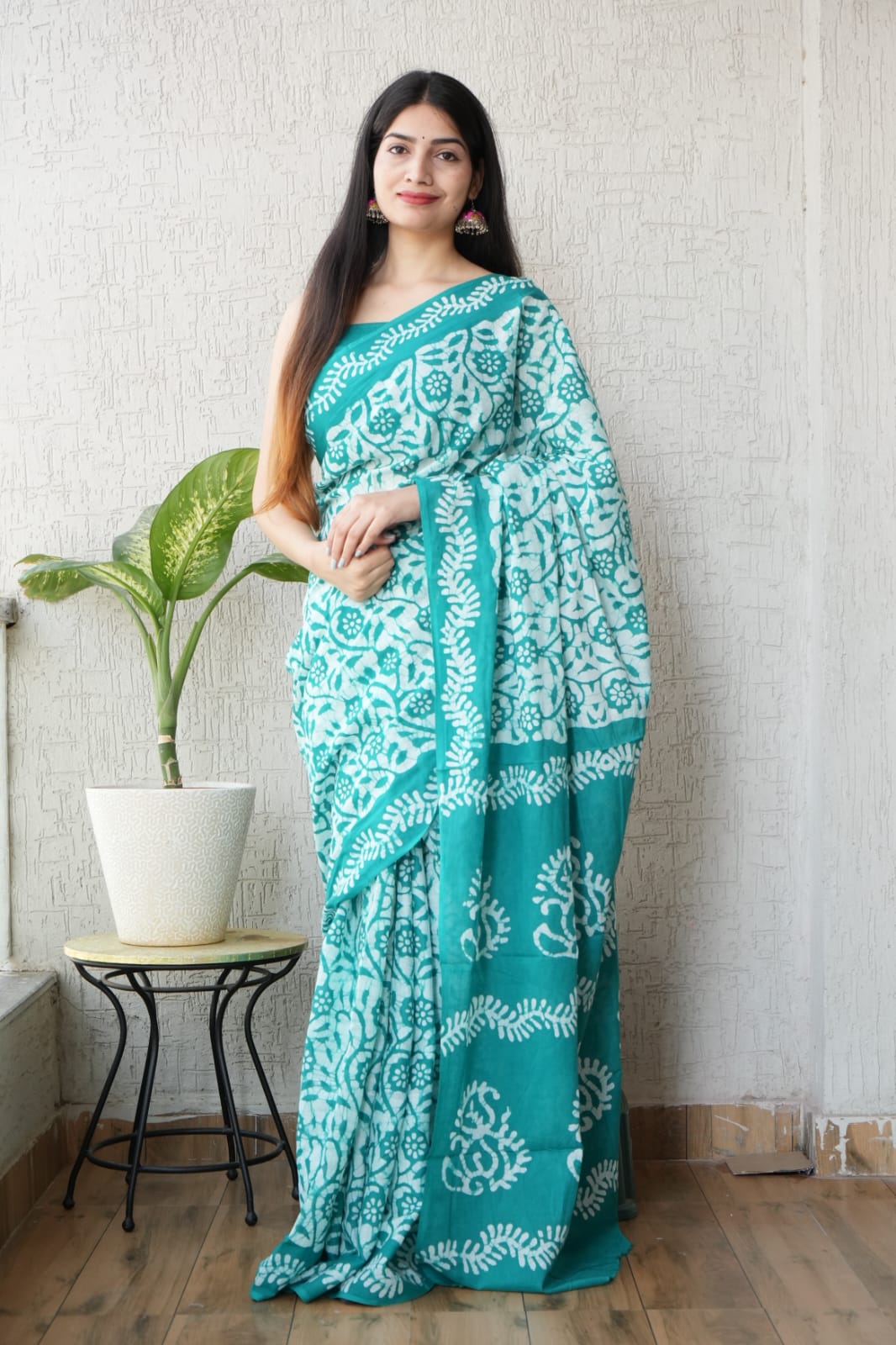 Teal Printed Cotton Saree – Soft Cotton Saree for Women (MVCS39)