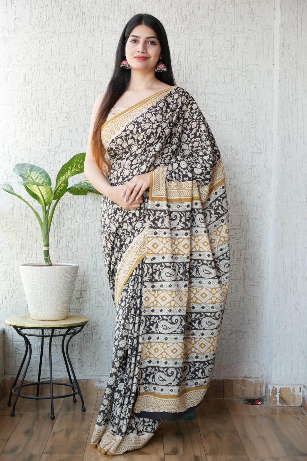 Black Mustard Printed Cotton Saree – Soft Cotton Saree for Women | Maharani Vastra (MVCS44)