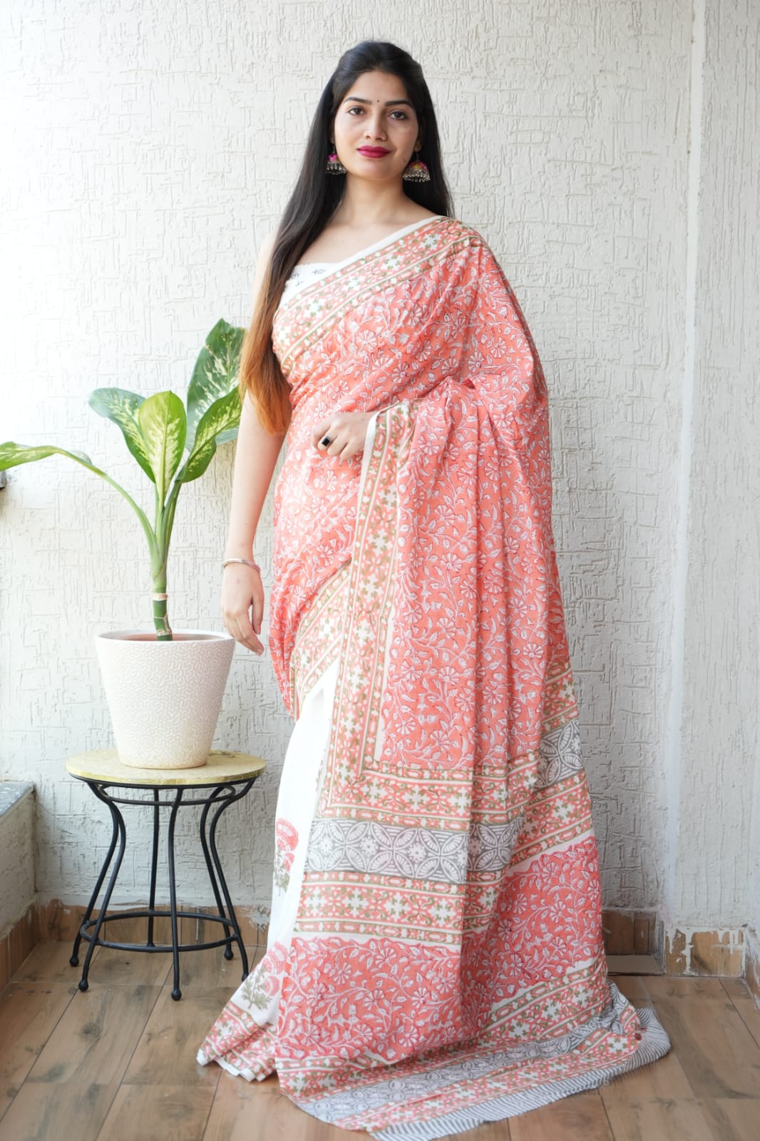 Peach Floral Printed Cotton Saree – Soft Cotton Saree for Women | Maharani Vastra