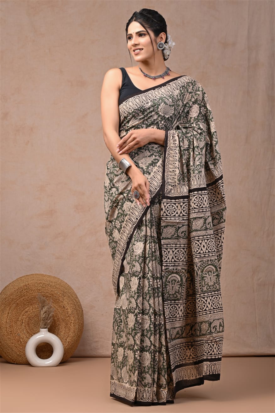 Olive Green Printed Cotton Saree – Soft Cotton Saree for Women | Maharani Vastra