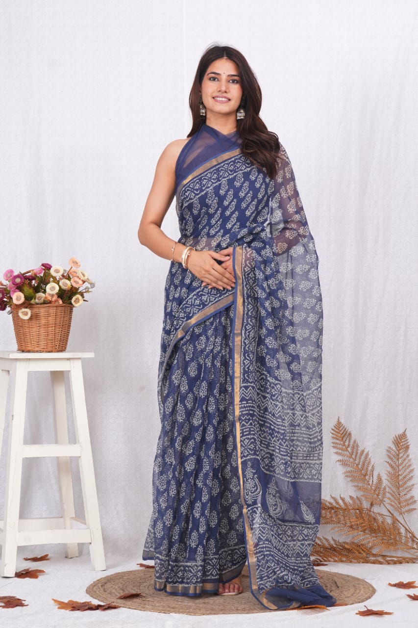 Blue Printed Kota Doria Saree (MVKS01)