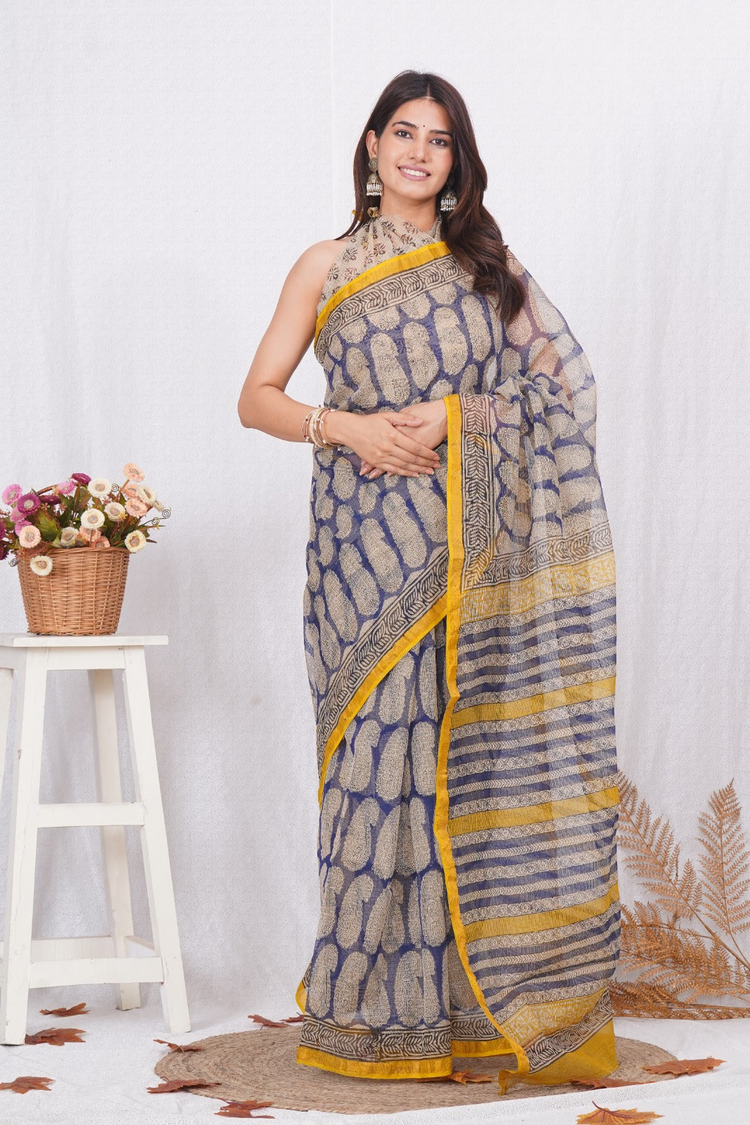 Yellow & Blue Printed kota doriya saree (MVKS29)
