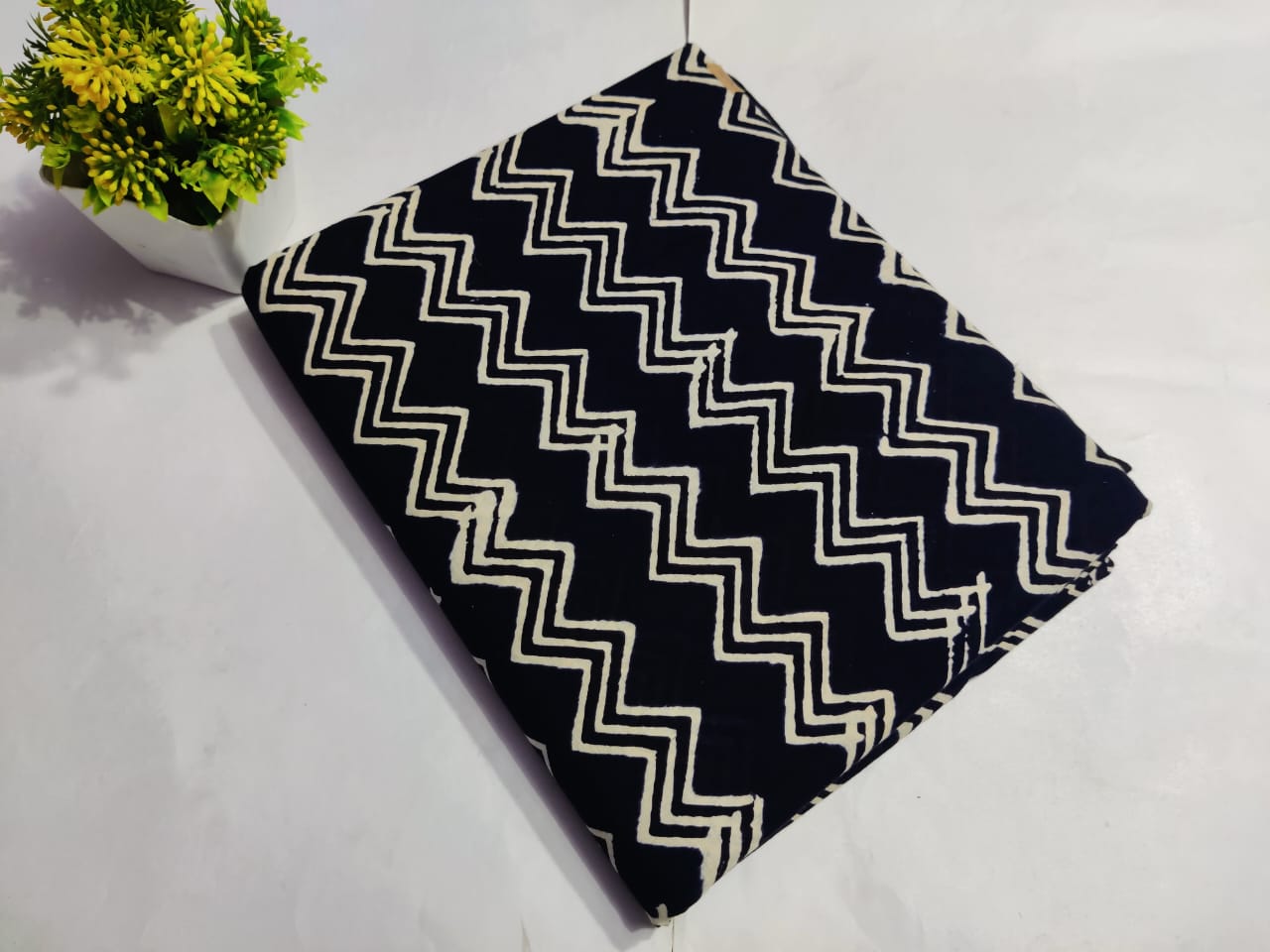 Black White Zigzag Printed Cotton Fabric Modern Pattern | Maharani Vastra
