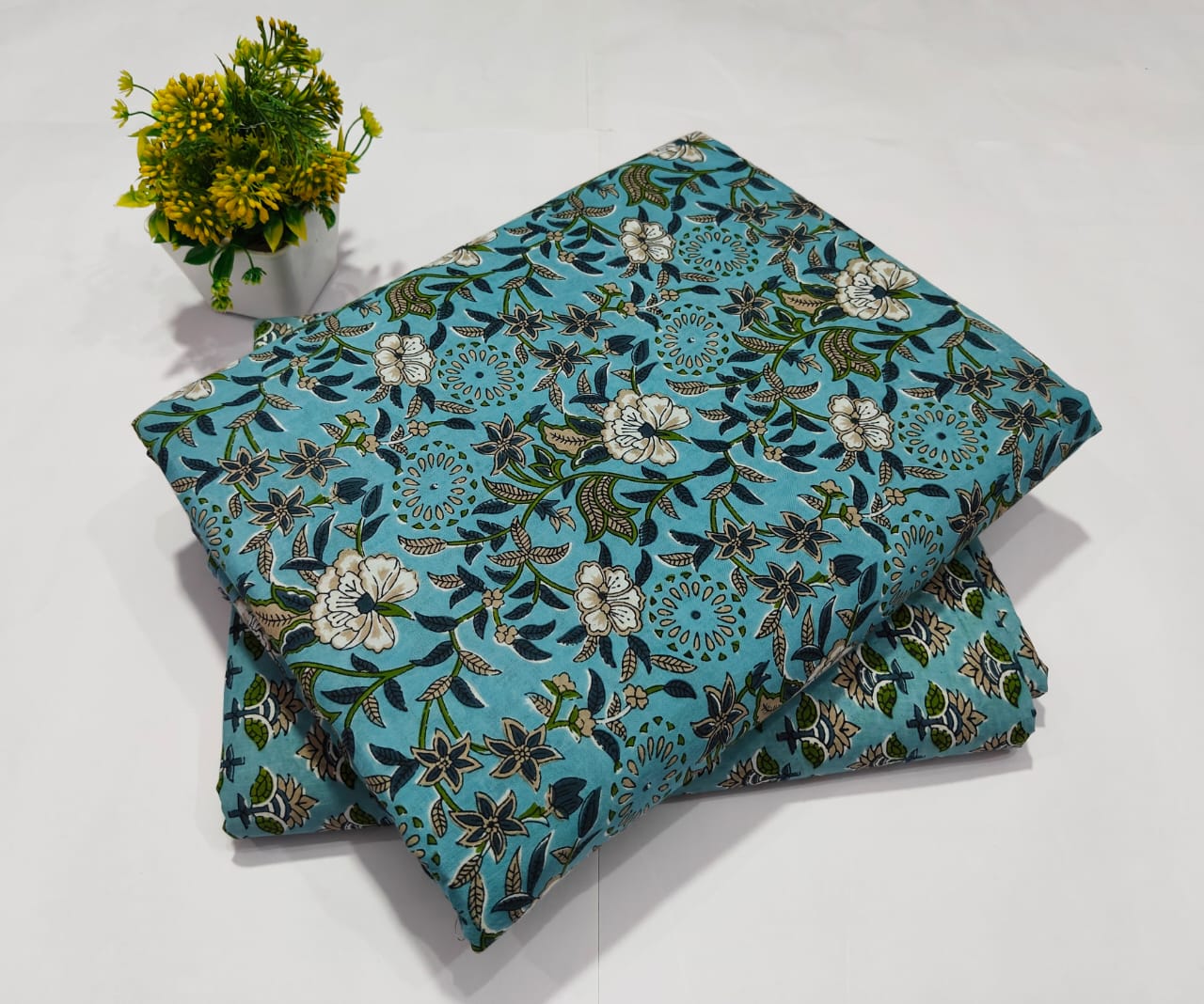 Sky Blue Floral Printed Top & Bottom Suit Set – Stylish Cotton Suit Material (MVTB11)