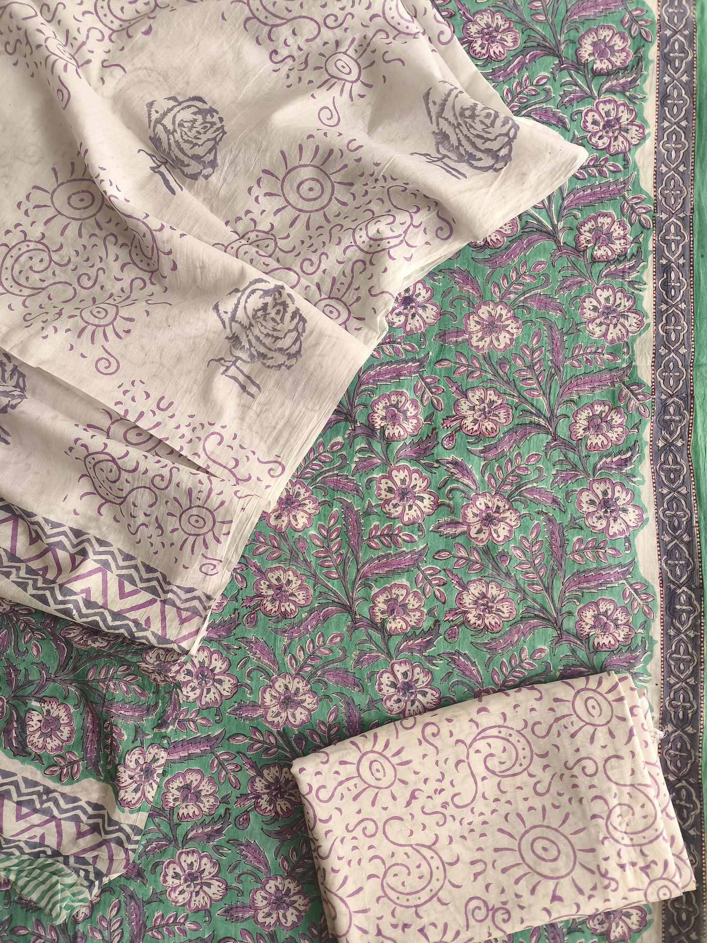 Green Lavender Hand Block Printed Cotton Suit Set Unstitched (MVCOT15)