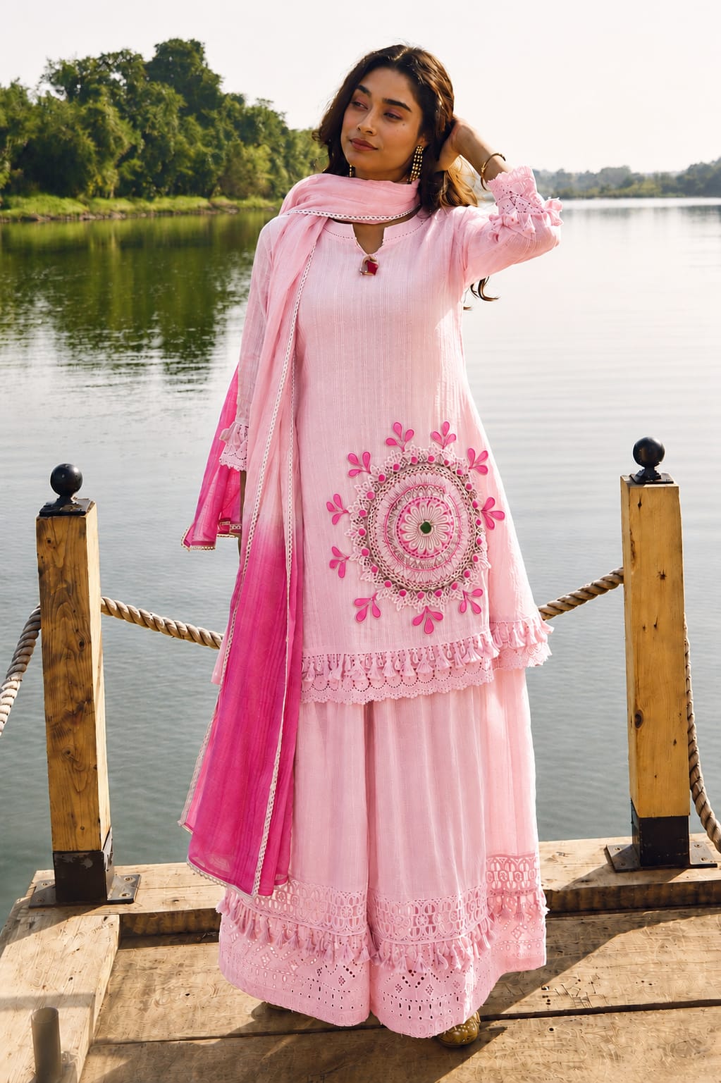Pink Embroidered Sharara Suit for Women | Pure Cotton Shifli Lino Kurta Set with Lahariya